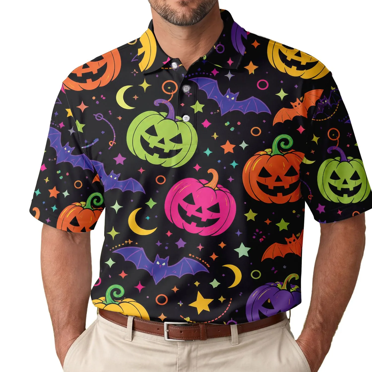 Neon Halloween Pumpkins Bats And Moons For Spooky Parties And Fall Costume Events Men's Polo Shirt - 1