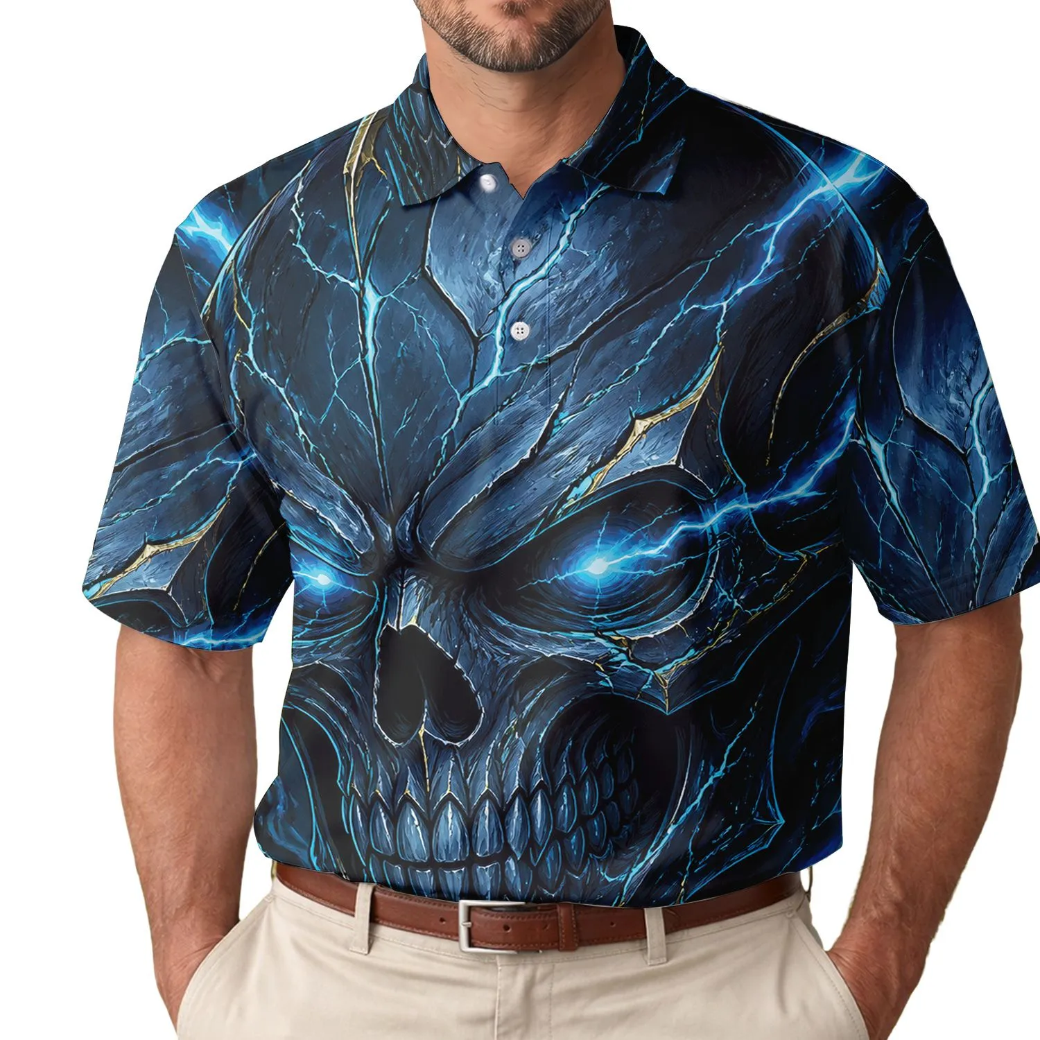 Electric Blue Lightning Skull Dark Fantasy Metal Streetwear For Gothic Festival Fans Men's Polo Shirt - 1