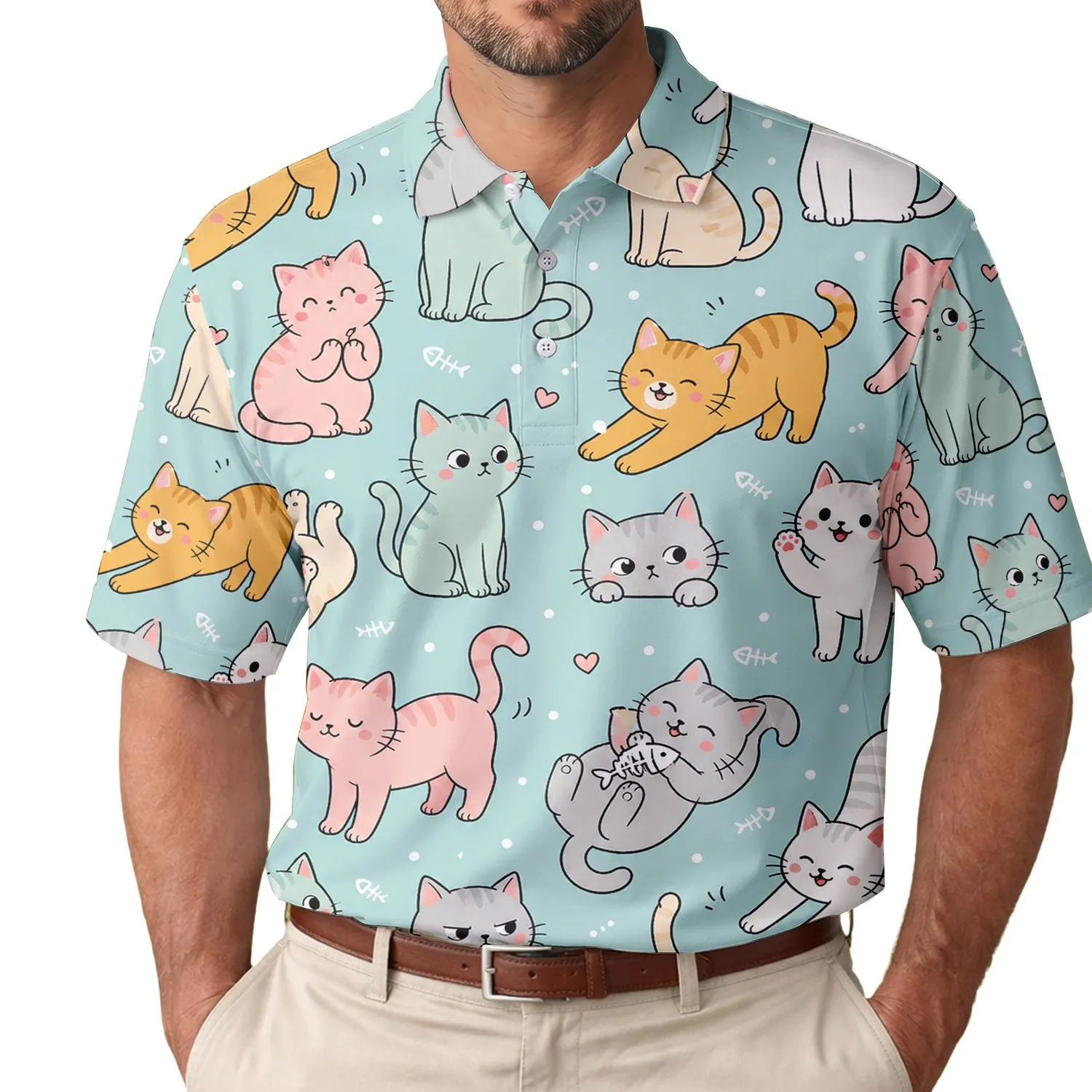 Playful Pastel Cartoon Cats for Everyday Casual Outings and Devoted Cat Lovers Gift Men's Polo Shirt - 1