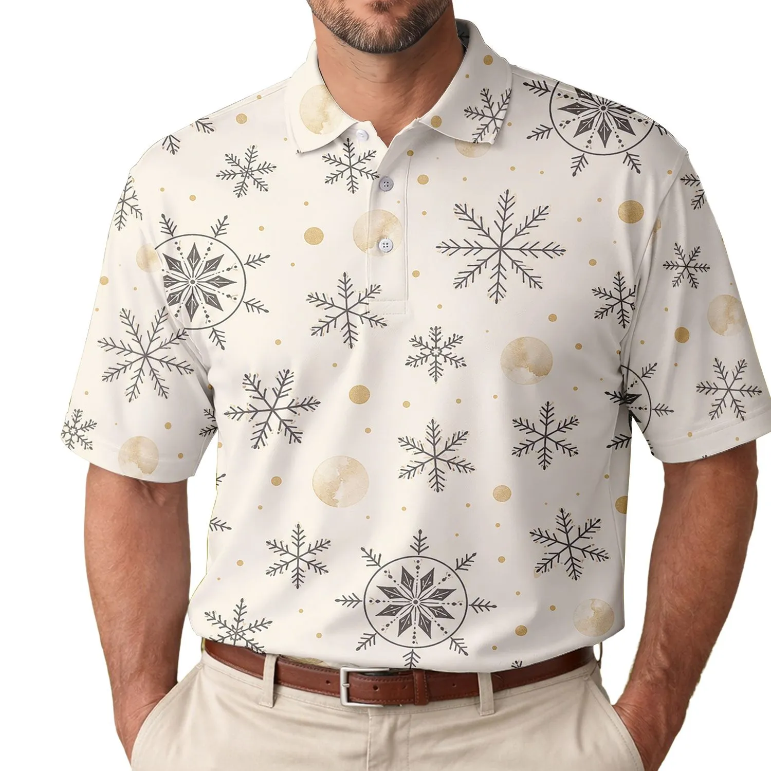 Elegant Nordic Snowflakes And Gold Dots For Christmas Gatherings And Winter Events Men's Polo Shirt - 1