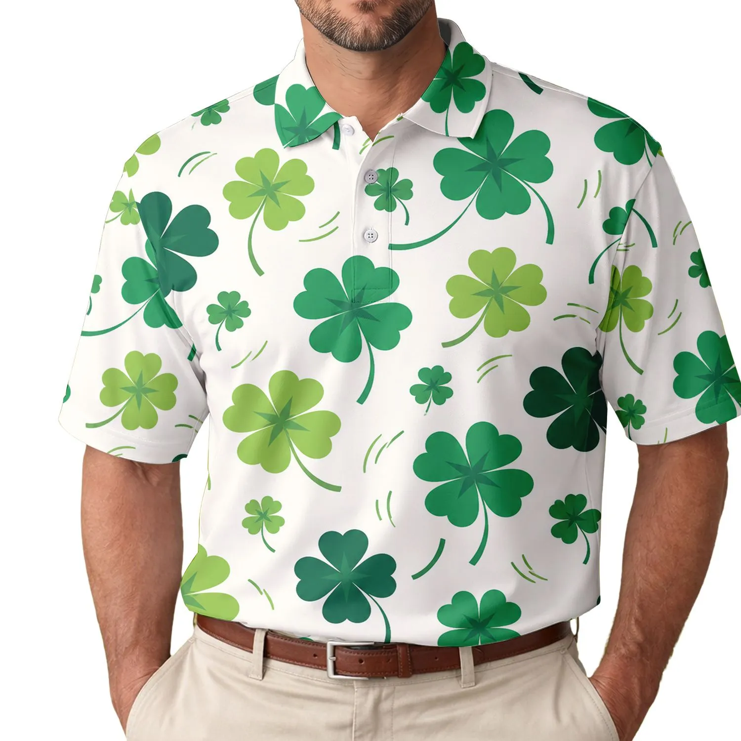 Four-Leaf Clover Emerald Green Lucky St Patrick's Day Beach Vacation Wear for Men Men's Polo Shirt - 1