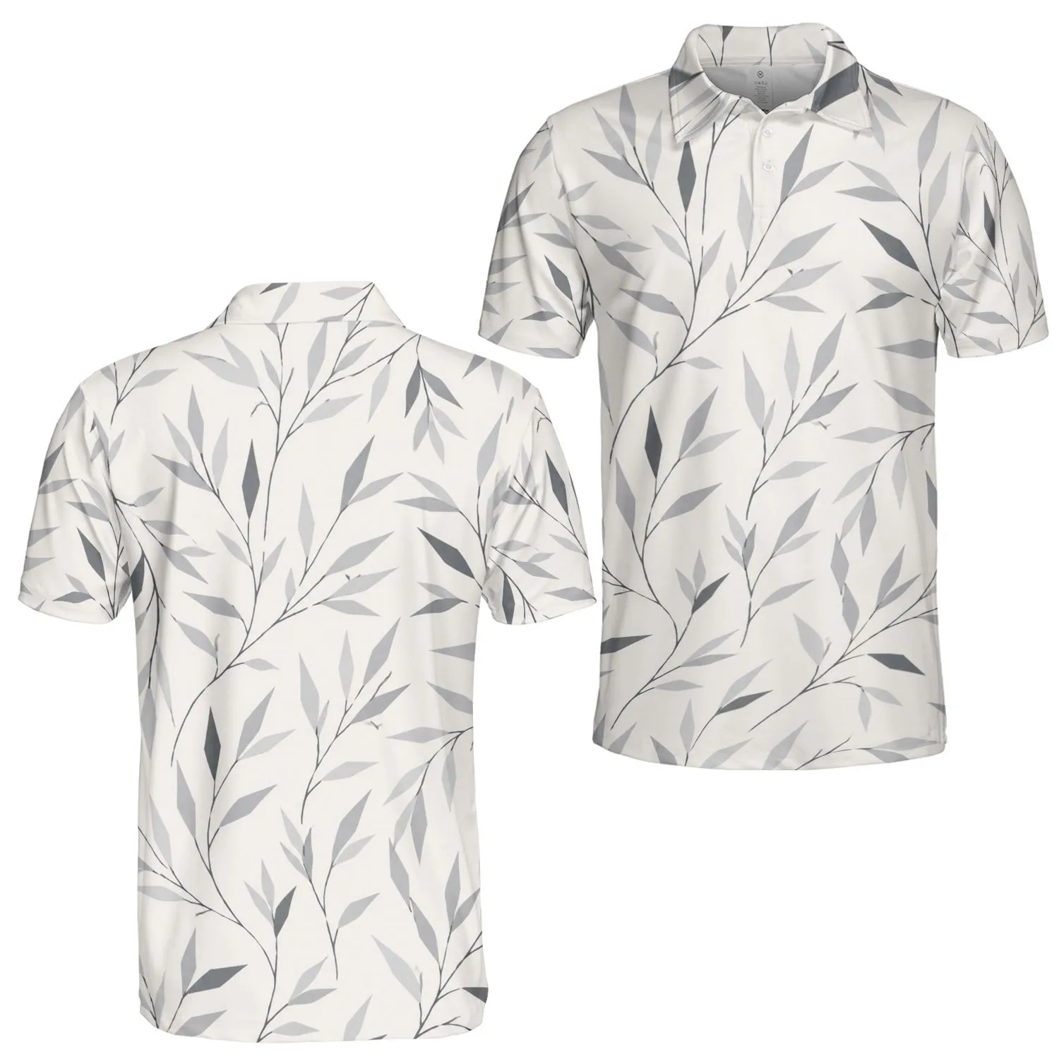 Gray Botanical Leaf Motif For Refined Casual Wear, Resort Days, And Office Style Men's Polo Shirt - 1