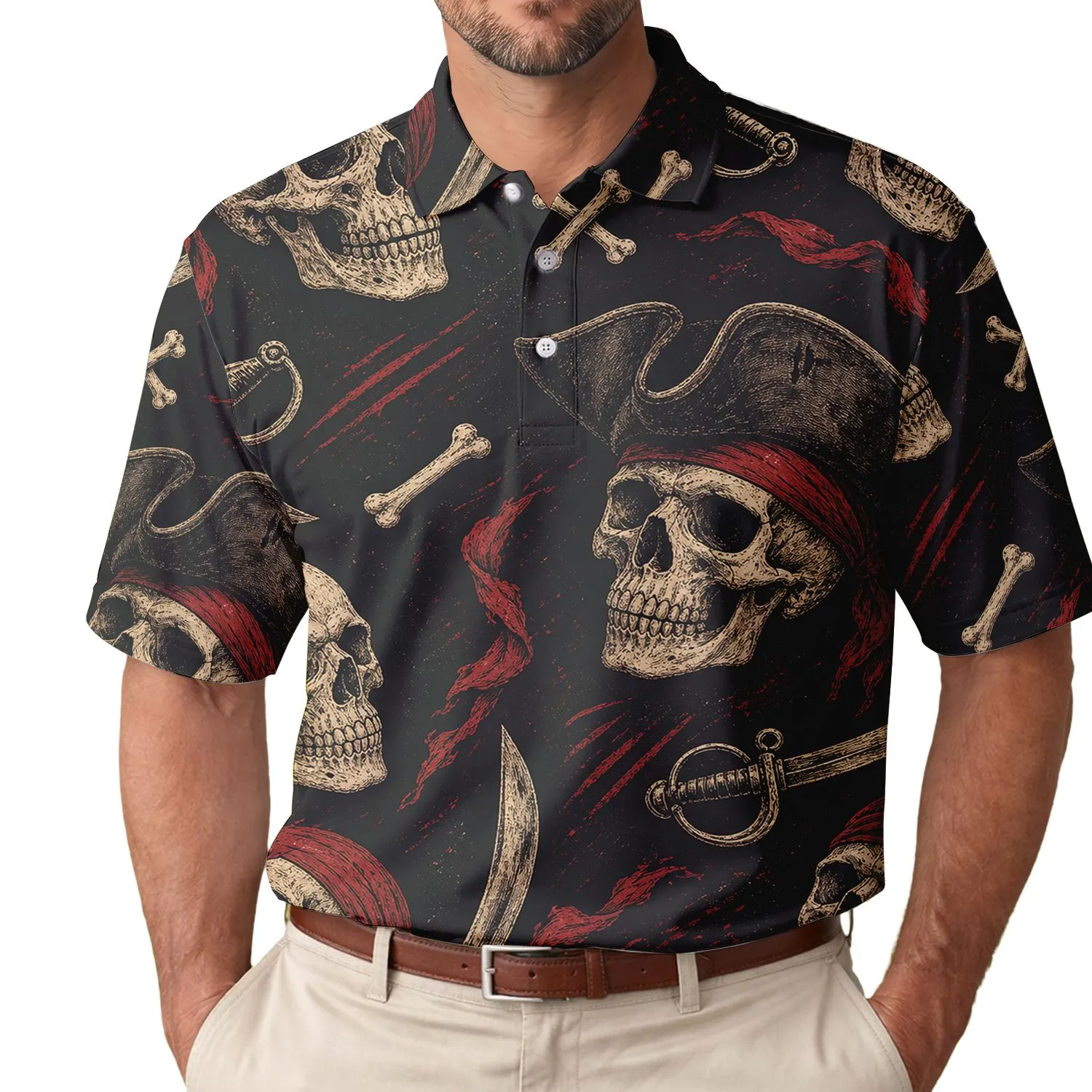 Vintage Pirate Skulls And Crossed Cutlasses For Gothic Festivals And Coastal Getaways Men's Polo Shirt - 1