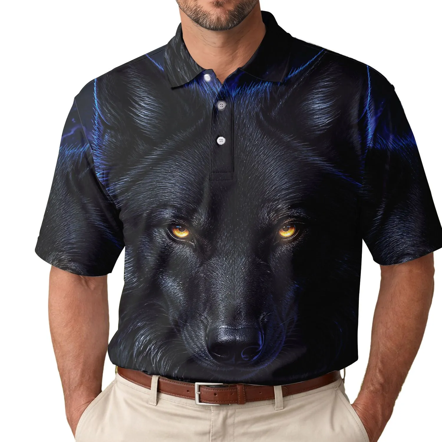 Black Wolf Amber Eyes Midnight Blue Casual Night Out Style For Wildlife Lovers Men's Polo Shirt - 1
