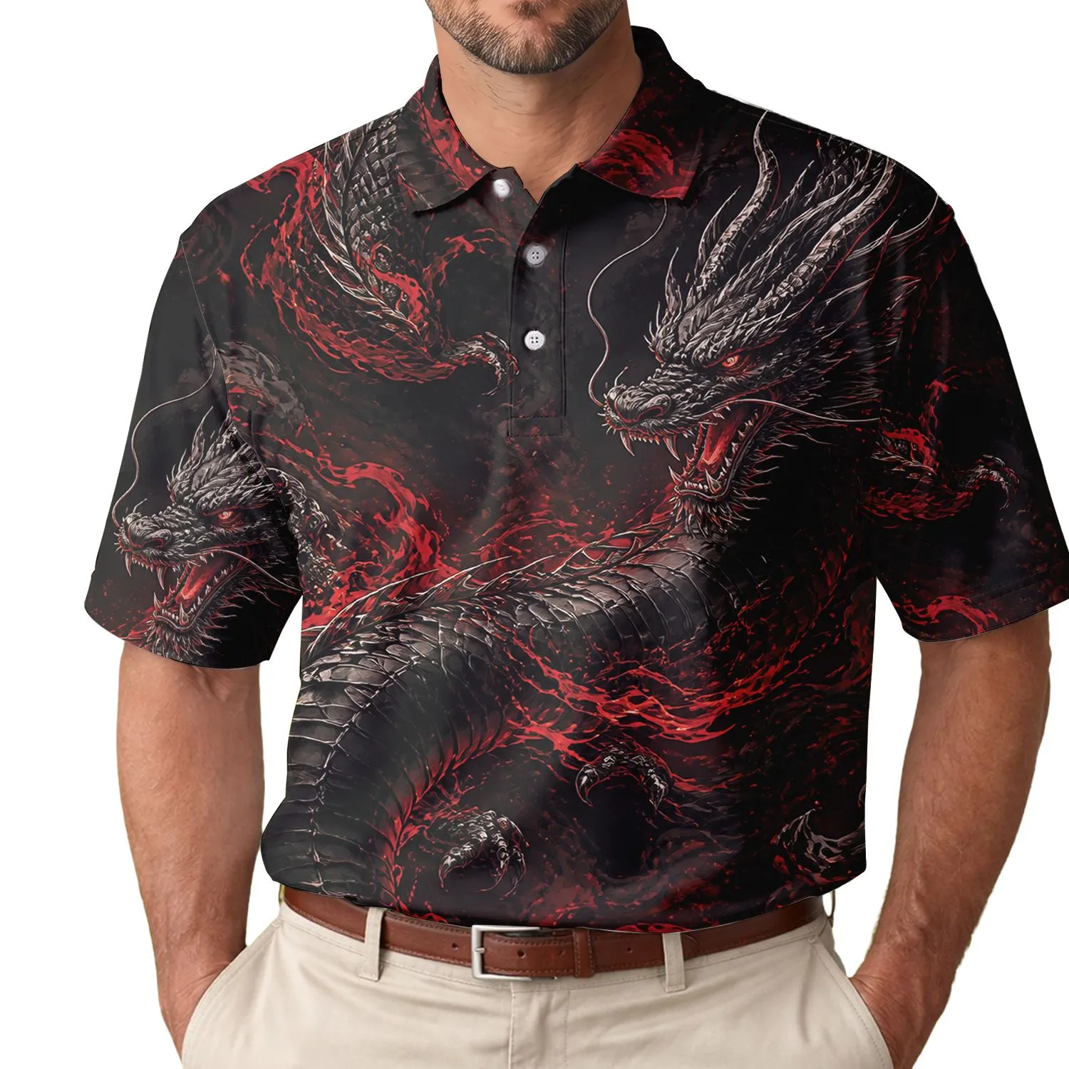 Black Eastern Dragon Red Flames Gothic Streetwear for Dark Fantasy Fans Men's Polo Shirt - 1