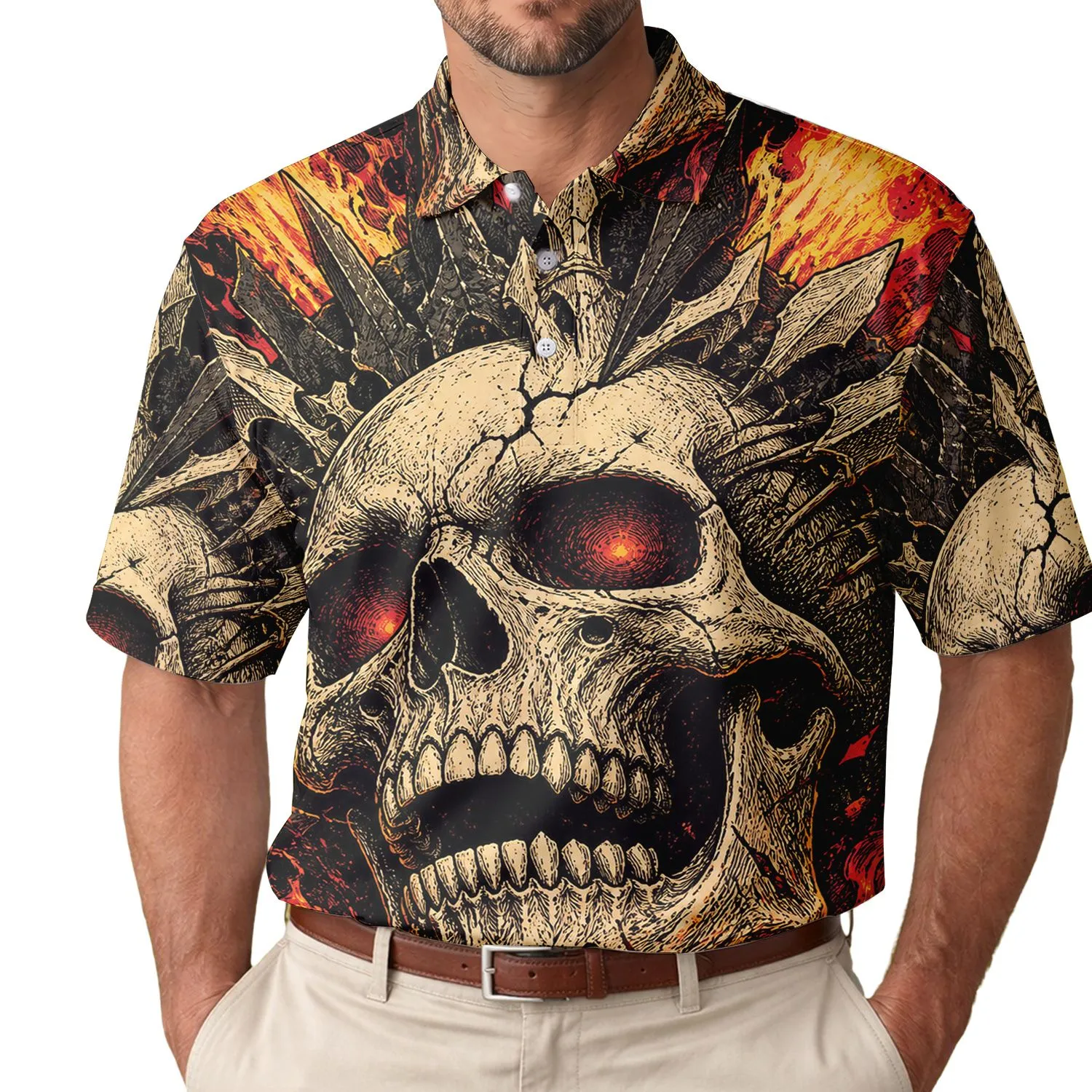 Flaming Skull Inferno Vintage Gothic Streetwear For Concert Nights And Metal Fans Men's Polo Shirt - 1