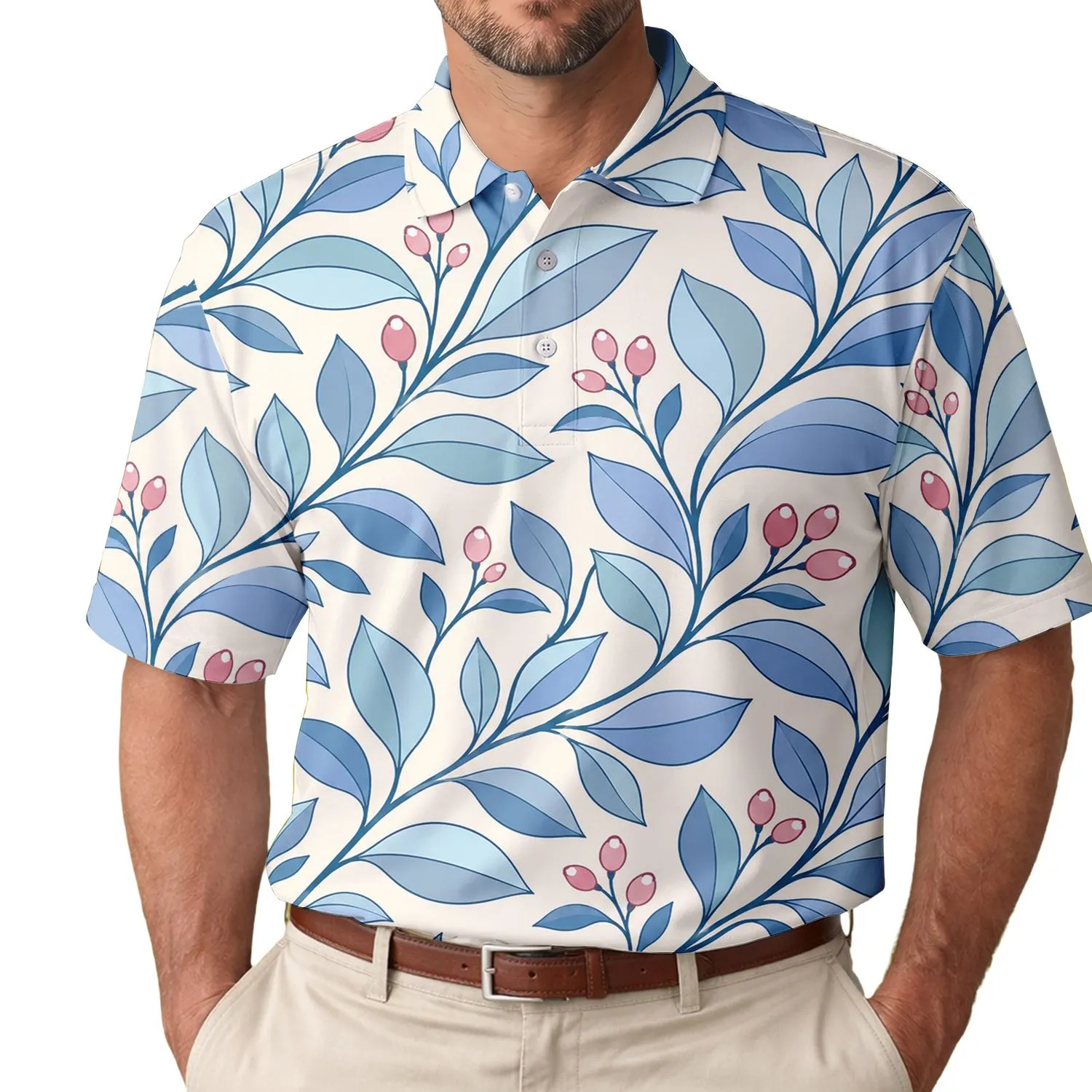 Blue Leaf And Pink Vine Resort Botanical Style For Beach Vacations And Casual Menswear Men's Polo Shirt - 1