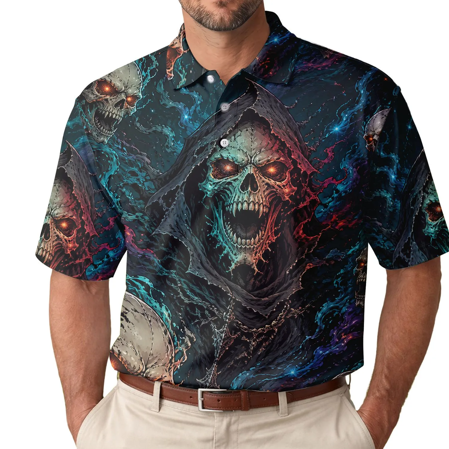 Hooded Skeletal Wraith And Ghost Skulls For Halloween Parties And Gothic Style Fans Men's Polo Shirt - 1