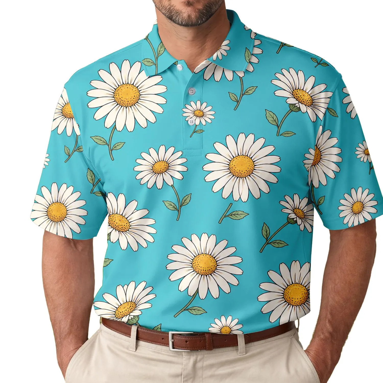 Turquoise Oxeye Daisy Botanical Golf Resort And Summer Vacation Casual Wear For Men Men's Polo Shirt - 1