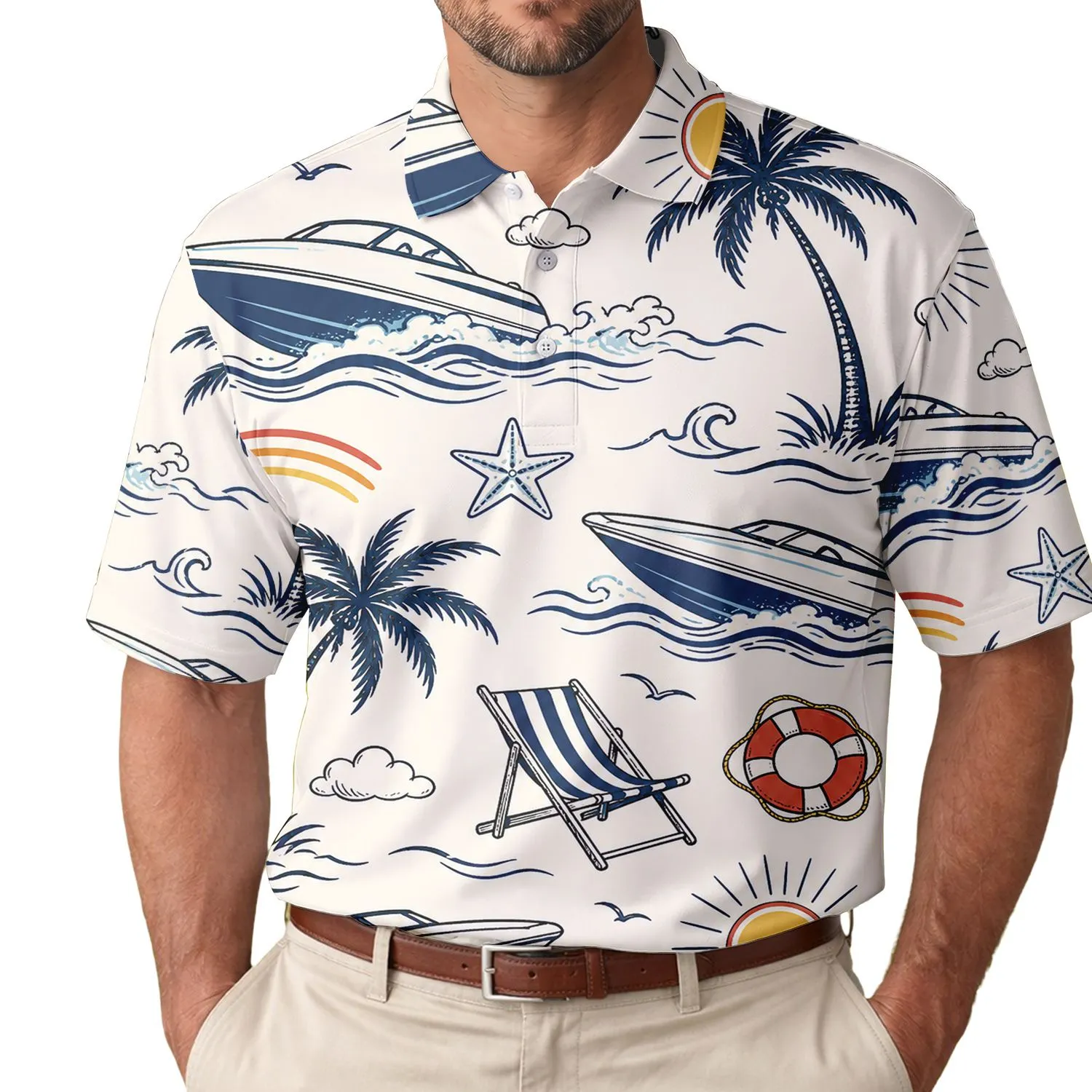 Nautical Speedboats Palms And Starfish For Relaxed Summer Beach Vacation Wear Men Men's Polo Shirt - 1
