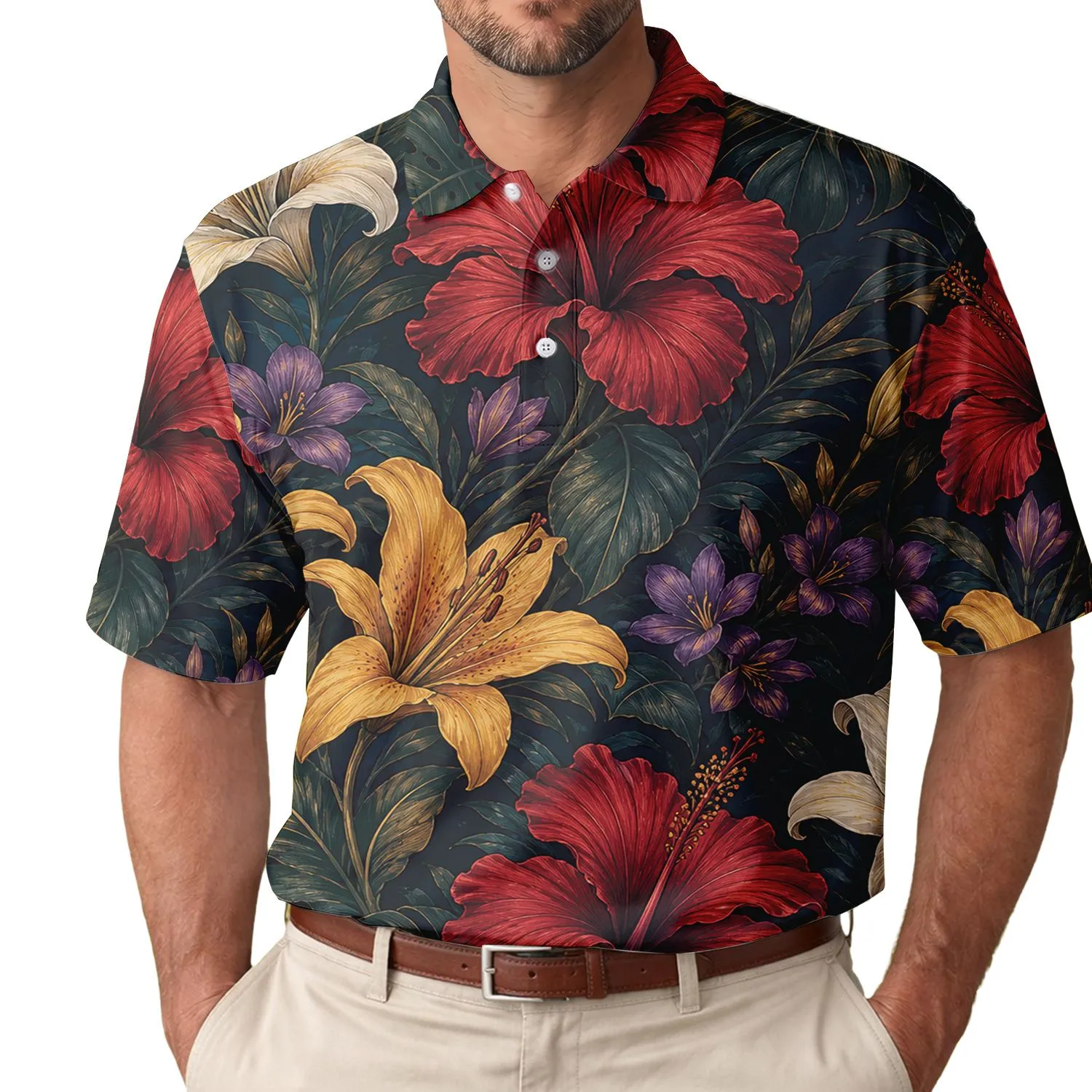 Dark Tropical Hibiscus And Lily Botanicals For Resort Evenings And Garden Parties Men's Polo Shirt - 1
