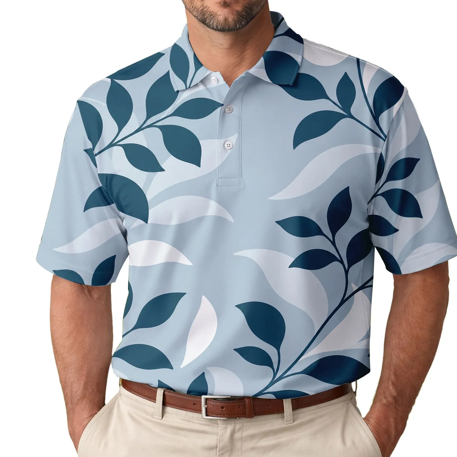 Blue Teal Botanical Leaf Motif For Beach Vacations, Resort Wear And Casual Dates Men's Polo Shirt - 1