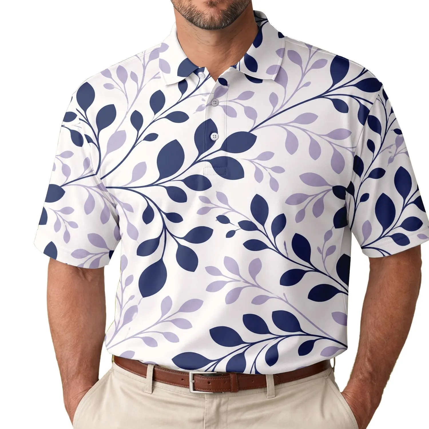 Navy Botanical Vine Leaves For Resort Travel, Golf Days And Smart Casual Men's Style Men's Polo Shirt - 1