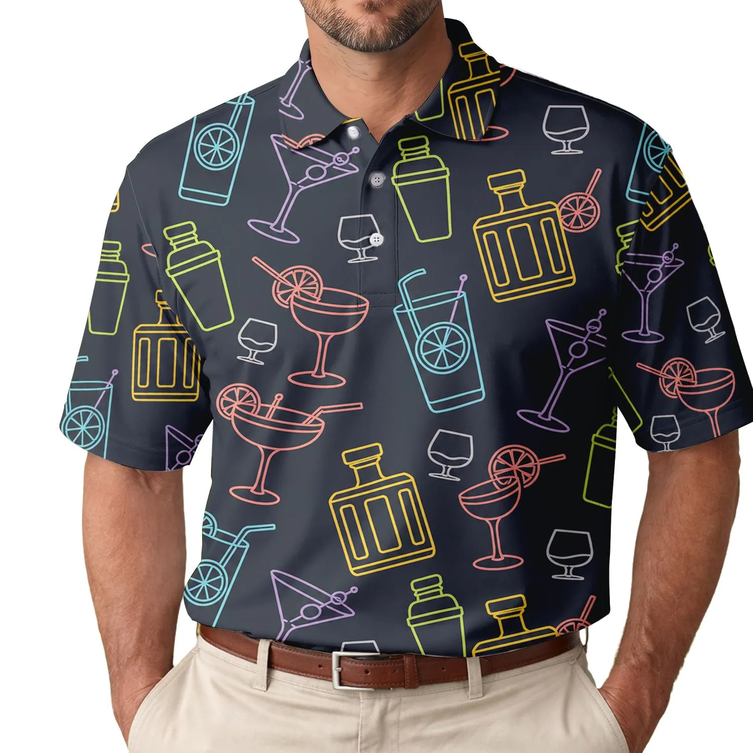 Neon Cocktail Glasses Nightlife Party Outfit For Men’s Vacation And Date Nights Men's Polo Shirt - 1