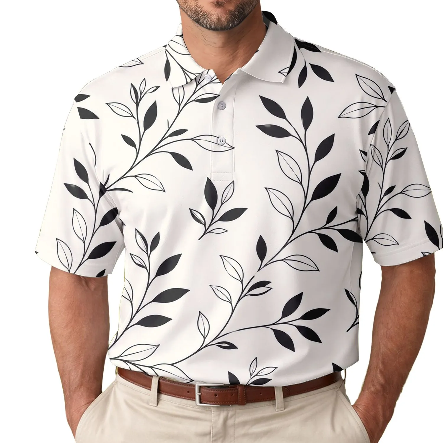 Black Botanical Leaf Branch Motif For Resort Travel And Elevated Casual Mens Style Men's Polo Shirt - 1