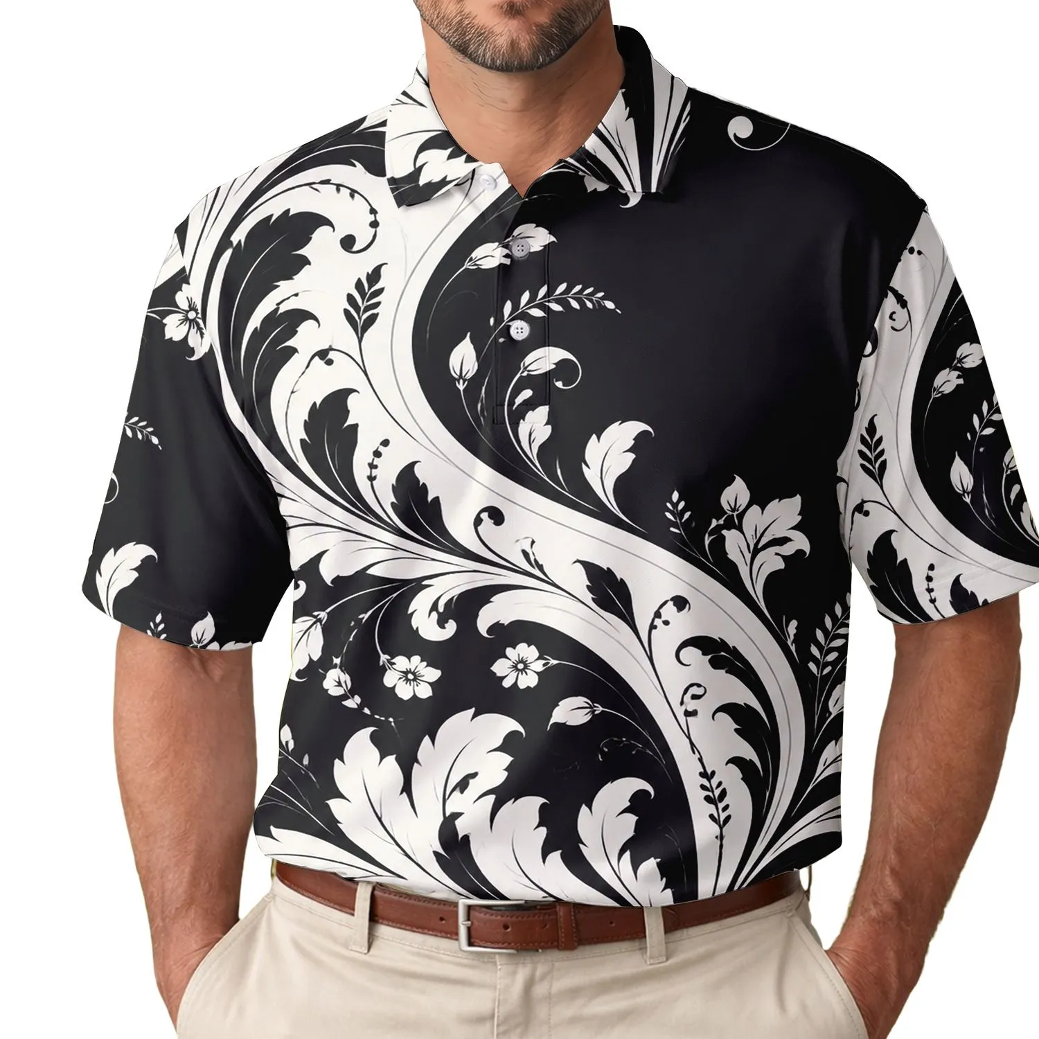 Monochrome Baroque Botanical Acanthus Motif For Evening Resort Wear And Smart Casual Men Men's Polo Shirt - 1