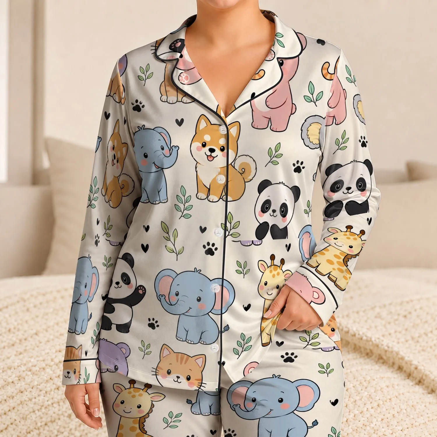 Kawaii Panda Elephant and Kitten Parade for Cozy Nights and Relaxed Weekend Lounging Satin Pajamas Set - 1