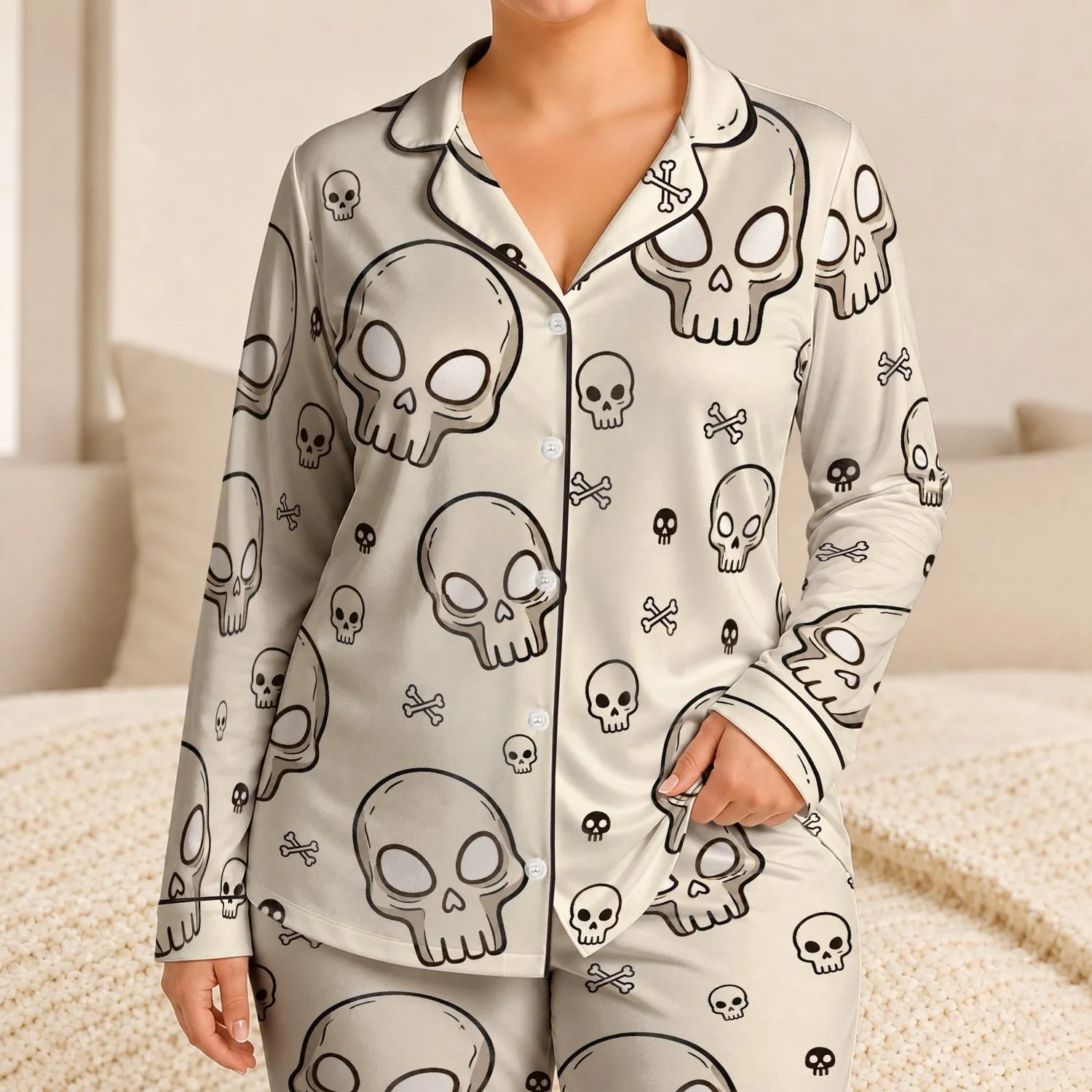 Elegant Halloween Skull Motif For Cozy Family Fall Nights And Matching Looks Satin Pajamas Set - 1