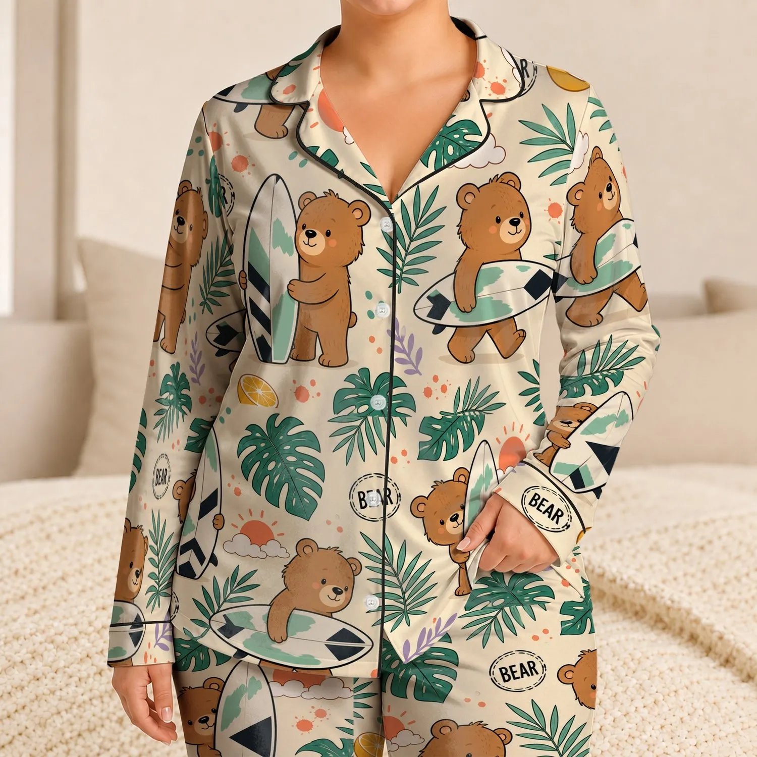 Tropical Bear Surfboard Cartoon For Summer Lounging And Coastal Travel Gifts For Men Satin Pajamas Set - 1
