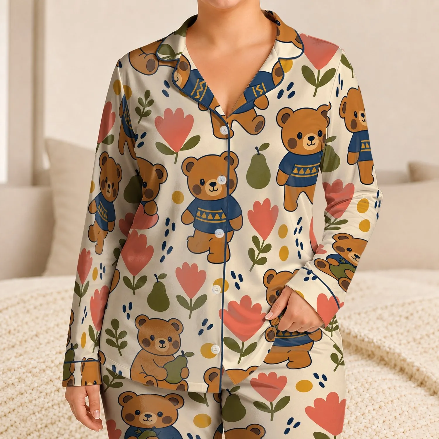 Autumn Teddy Bear And Pear Motif For Cozy Fall Nights And Relaxing Weekends At Home Satin Pajamas Set - 1