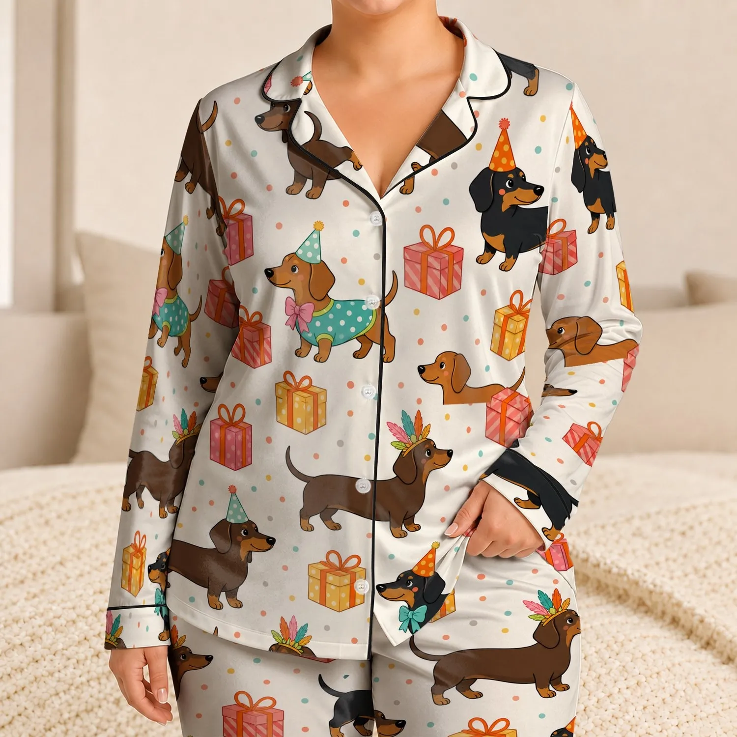 Dachshund Party Hats And Gift Boxes Cheerful Celebration Sleepwear For Women Satin Pajamas Set - 1