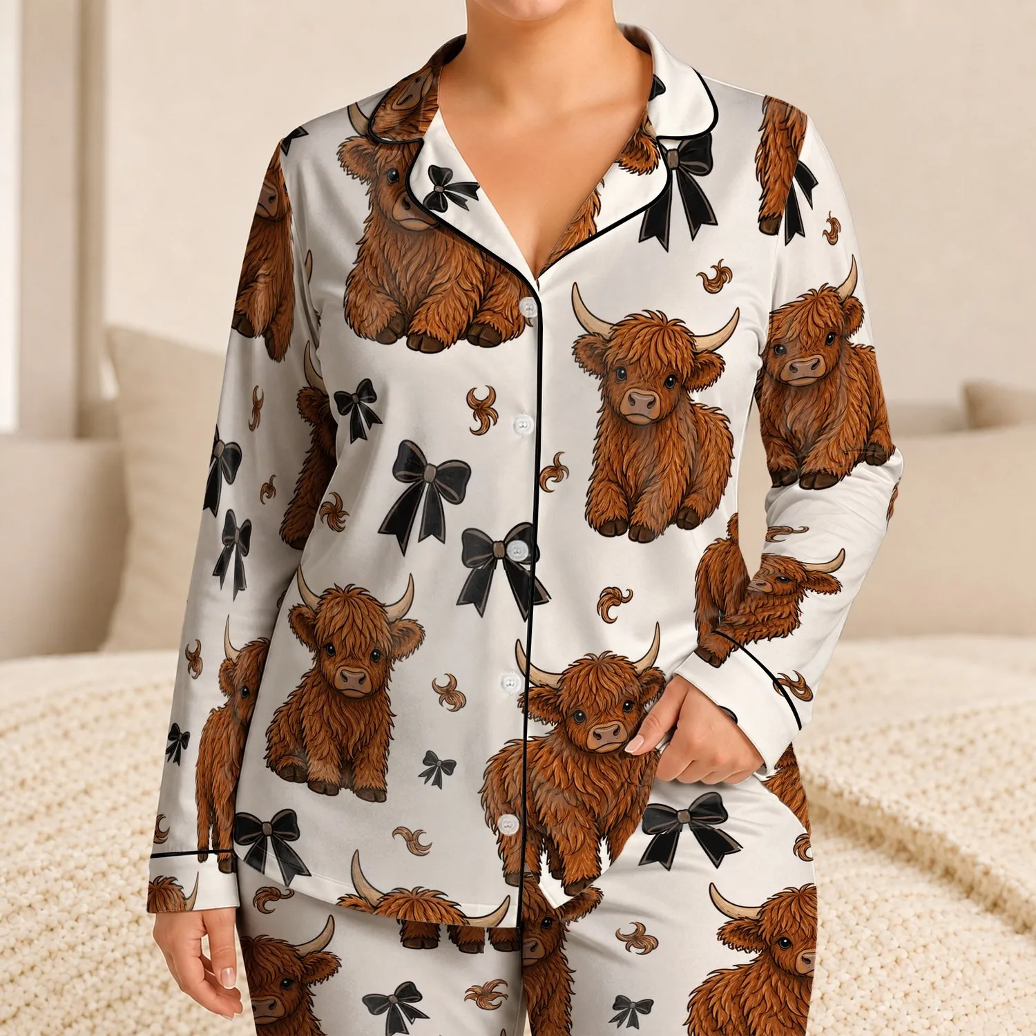 Highland Cow And Black Ribbon Bow Cottagecore Bedtime Gift For Women And Cow Lovers Satin Pajamas Set - 1