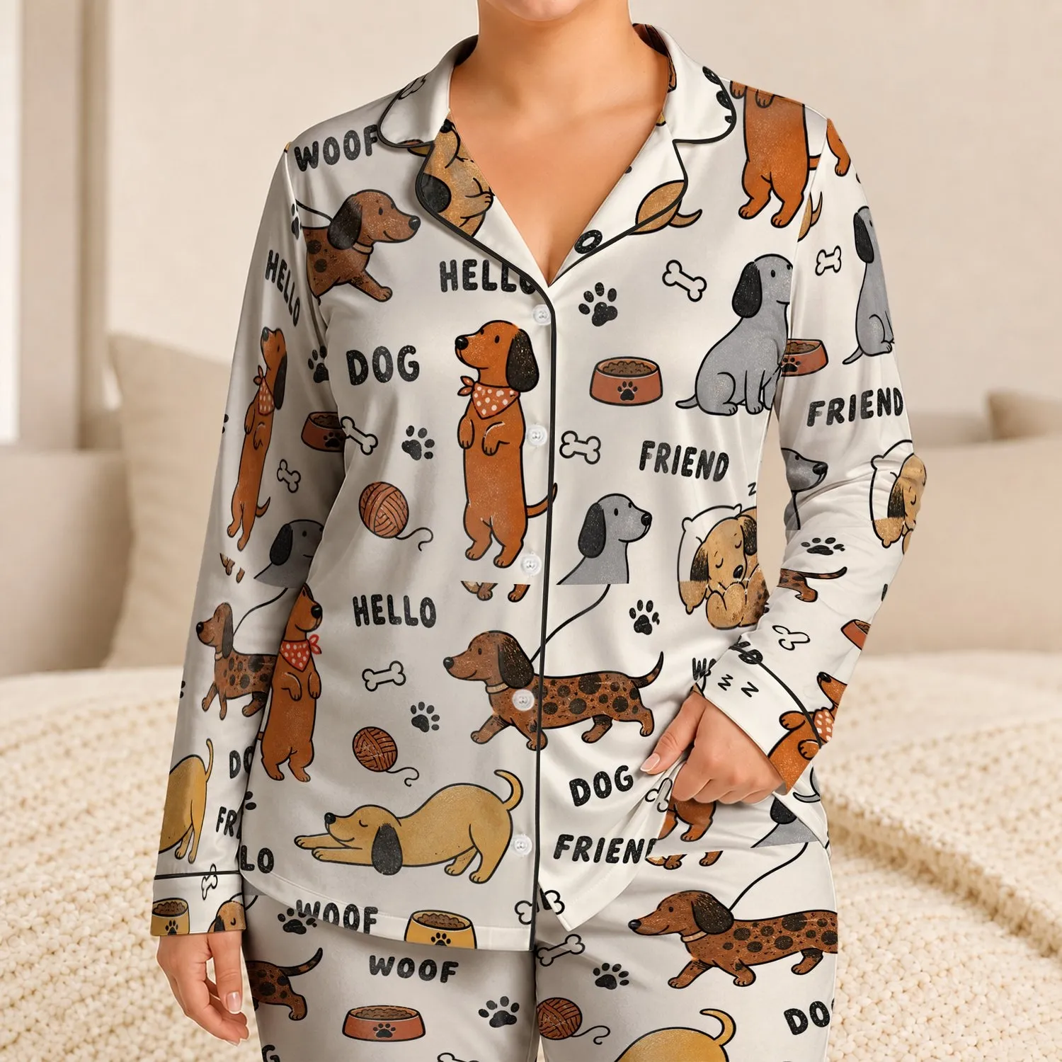 Dachshund Dog Paw And Bone Sleepwear Set For Cozy Lounging Women Satin Pajamas Set - 1