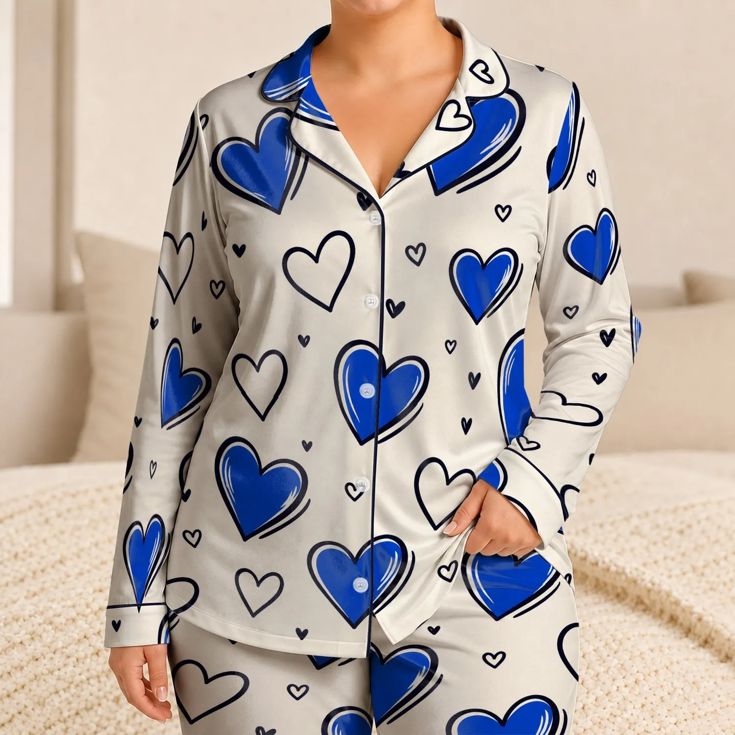 Cobalt Blue Hand-Drawn Hearts for Romantic Lounging and Valentine Gifts for Women Satin Pajamas Set - 1