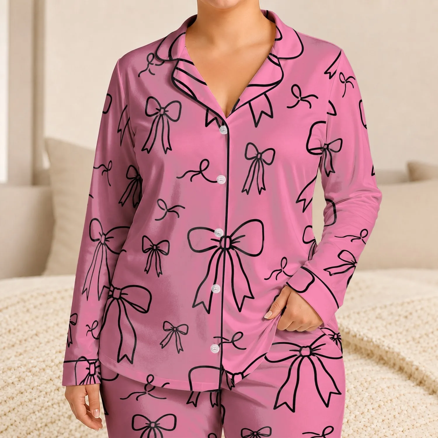Black Ribbon Bows on Candy Pink for Cozy Nights, Bridal Gifts, and Women’s Lounge Style Satin Pajamas Set - 1
