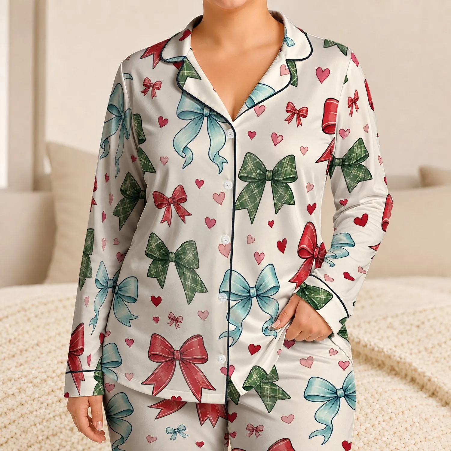 Red Aqua Green Ribbon Bows And Hearts For Valentine Lounge Gifts Satin Pajamas Set - 1