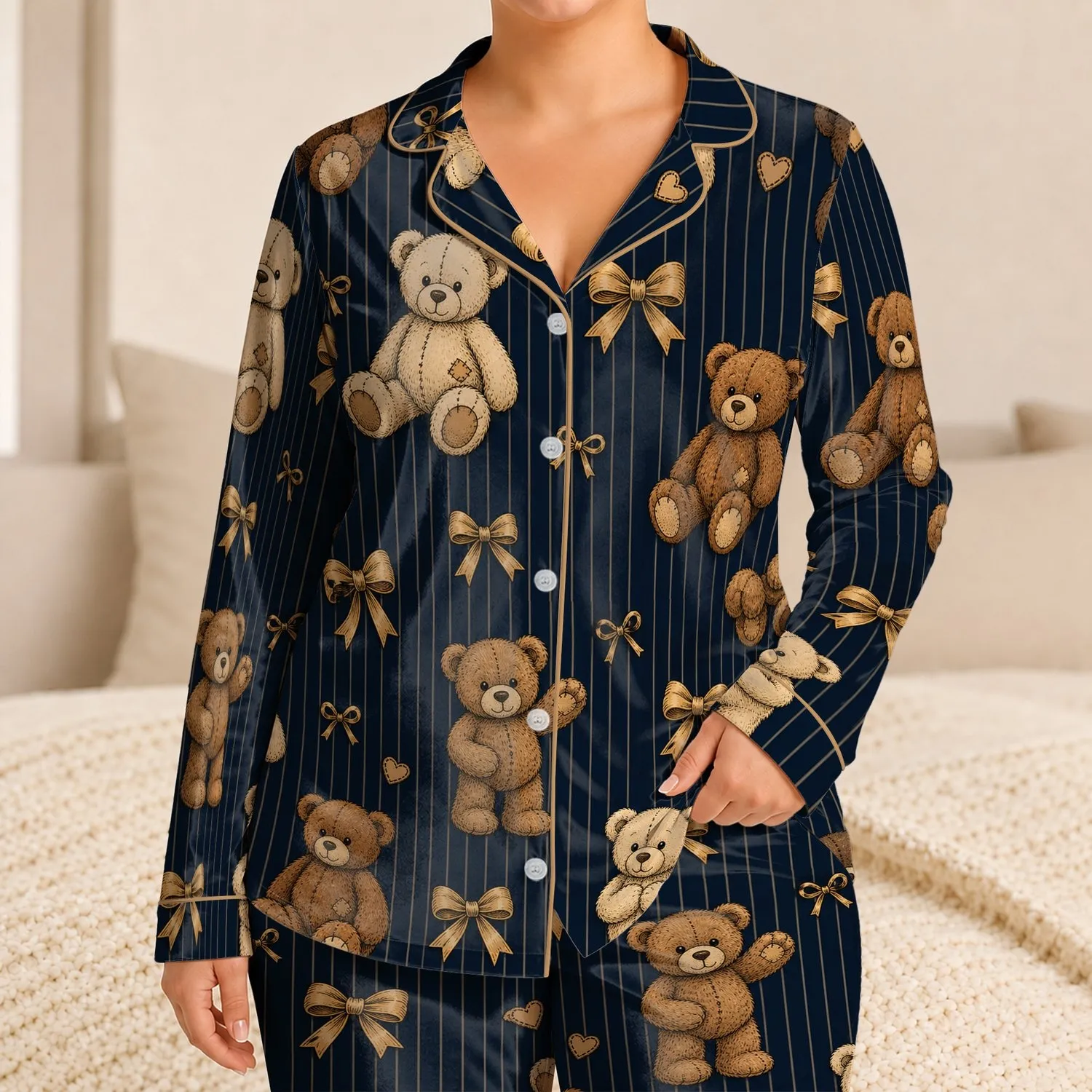 Vintage Teddy Bears And Gold Bows For Cozy Evenings And Relaxed Home Lounging For Women At Night Satin Pajamas Set - 1