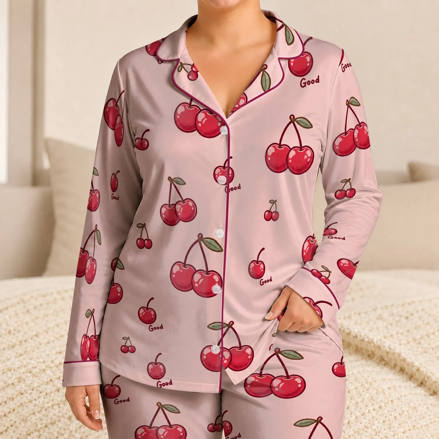 Retro Pink Cherry Motifs For Cozy Nights, Weekend Relaxing, And Gift Giving For Women Satin Pajamas Set - 1