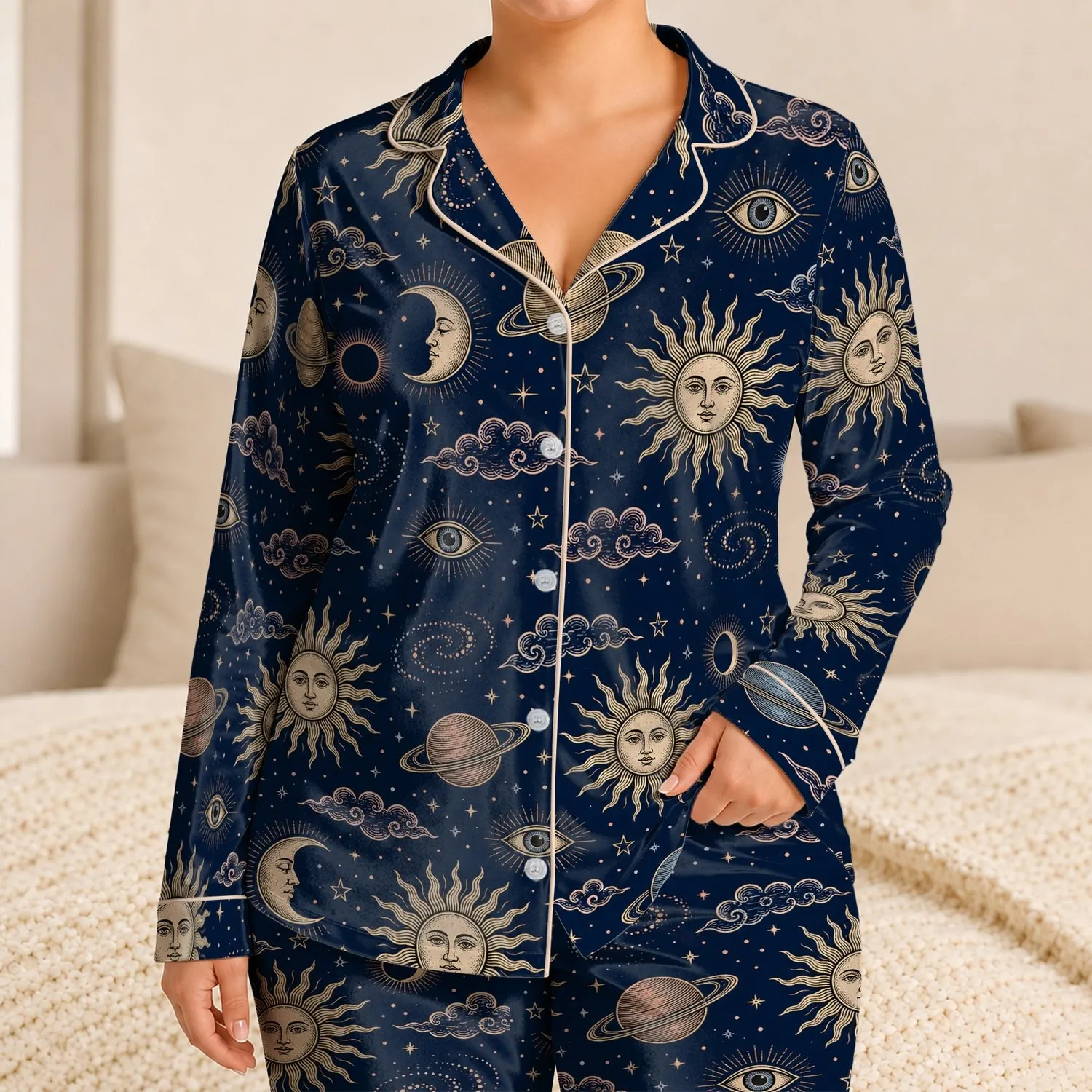 Celestial Sun Moon Eye Motifs For Mystical Nighttime Lounging And Starry Dreamers Satin Pajamas Set - 1