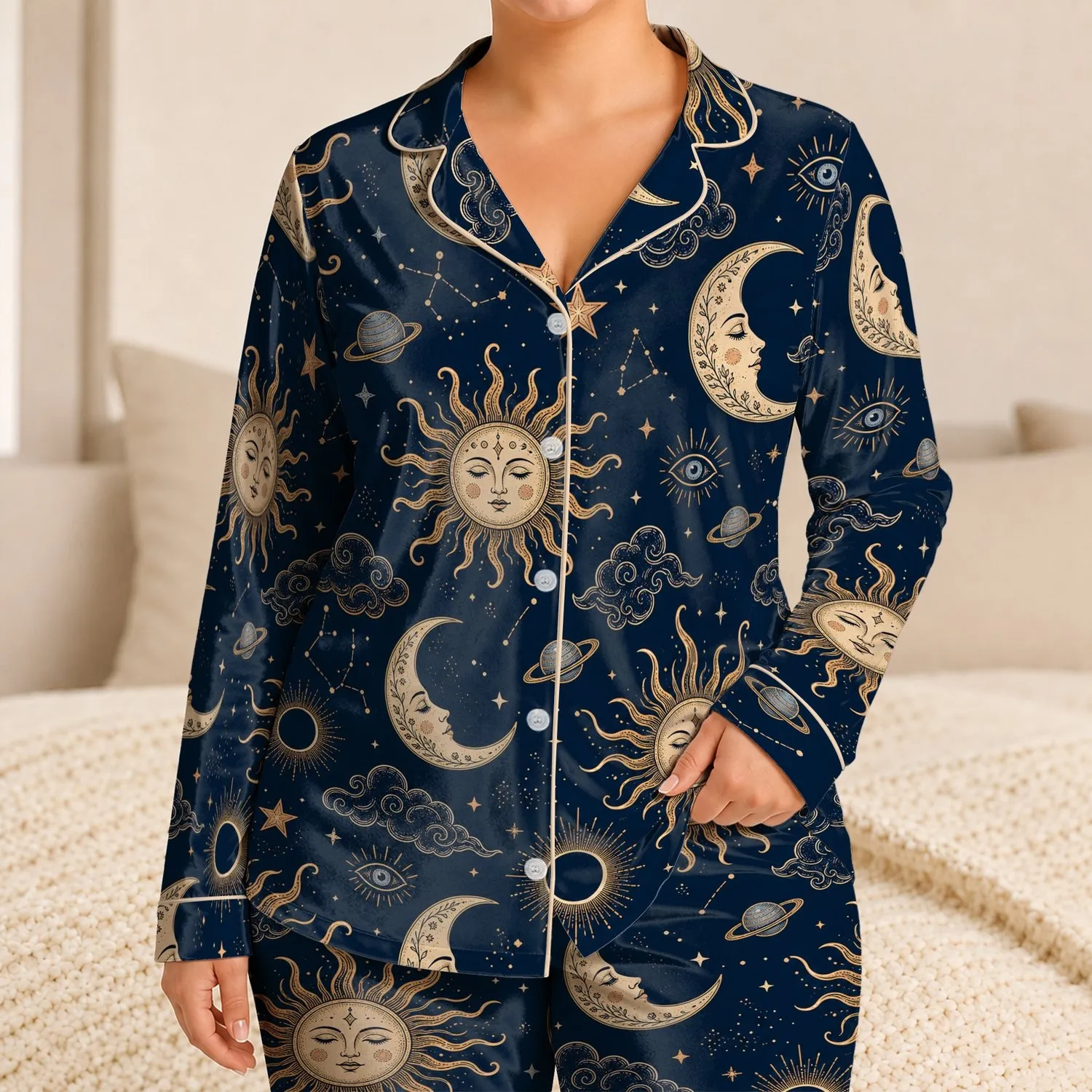 Celestial Moon Sun And Mystic Eye Motifs For Cozy Evening Nights And Astrology Lovers Satin Pajamas Set - 1