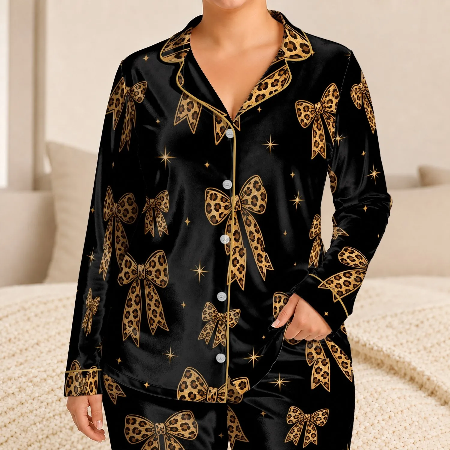 Leopard Bow And Gold Star Motif for Glam Sleepovers and Relaxed Nights for Stylish Women Satin Pajamas Set - 1