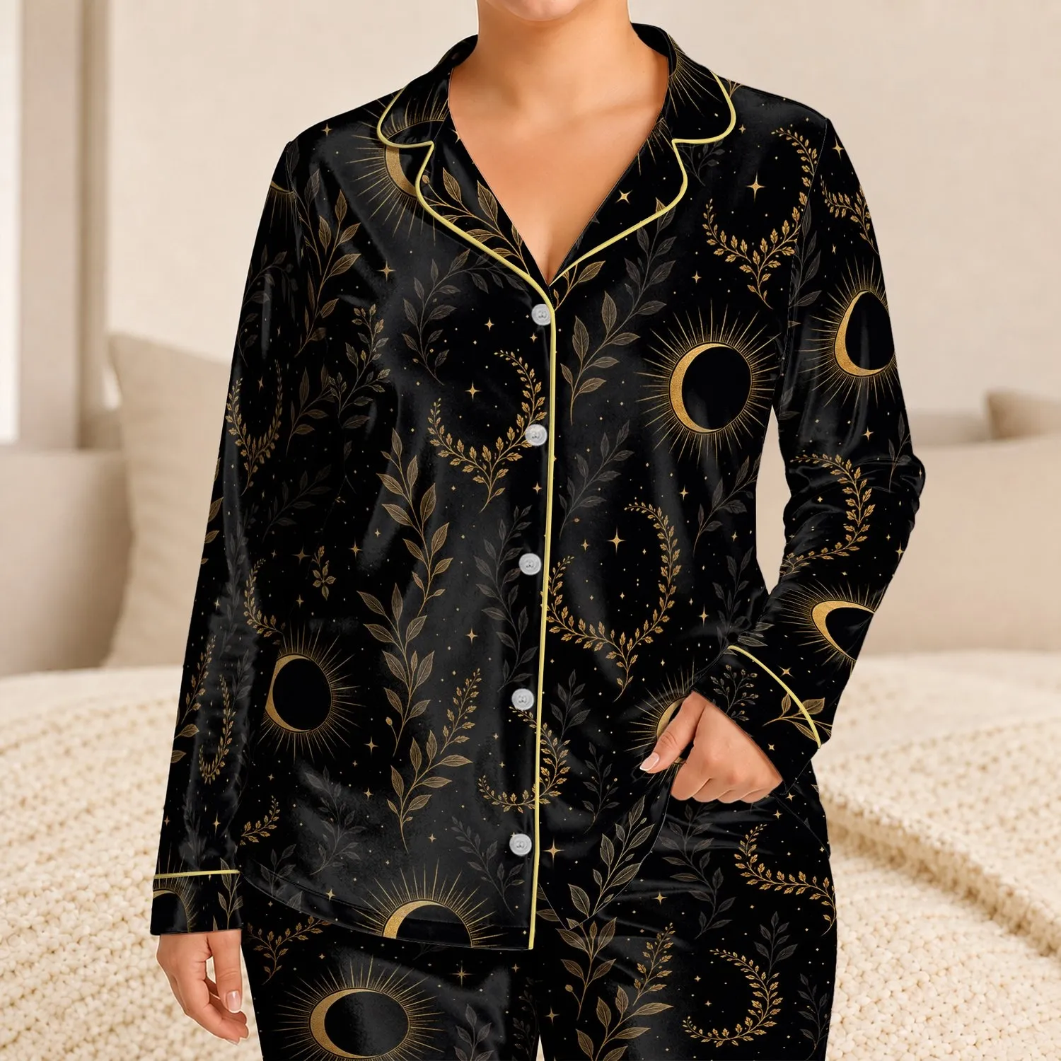 Golden Eclipse Botanical Celestial Motif For Mystical Evening Relaxation At Home Women Satin Pajamas Set - 1