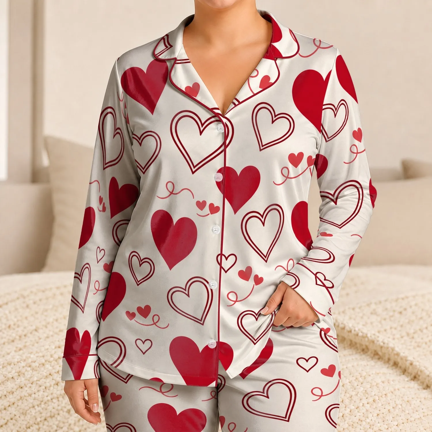 Crimson And Wine Red Valentine Hearts for Romantic Date Night Gifts for Women Satin Pajamas Set - 1