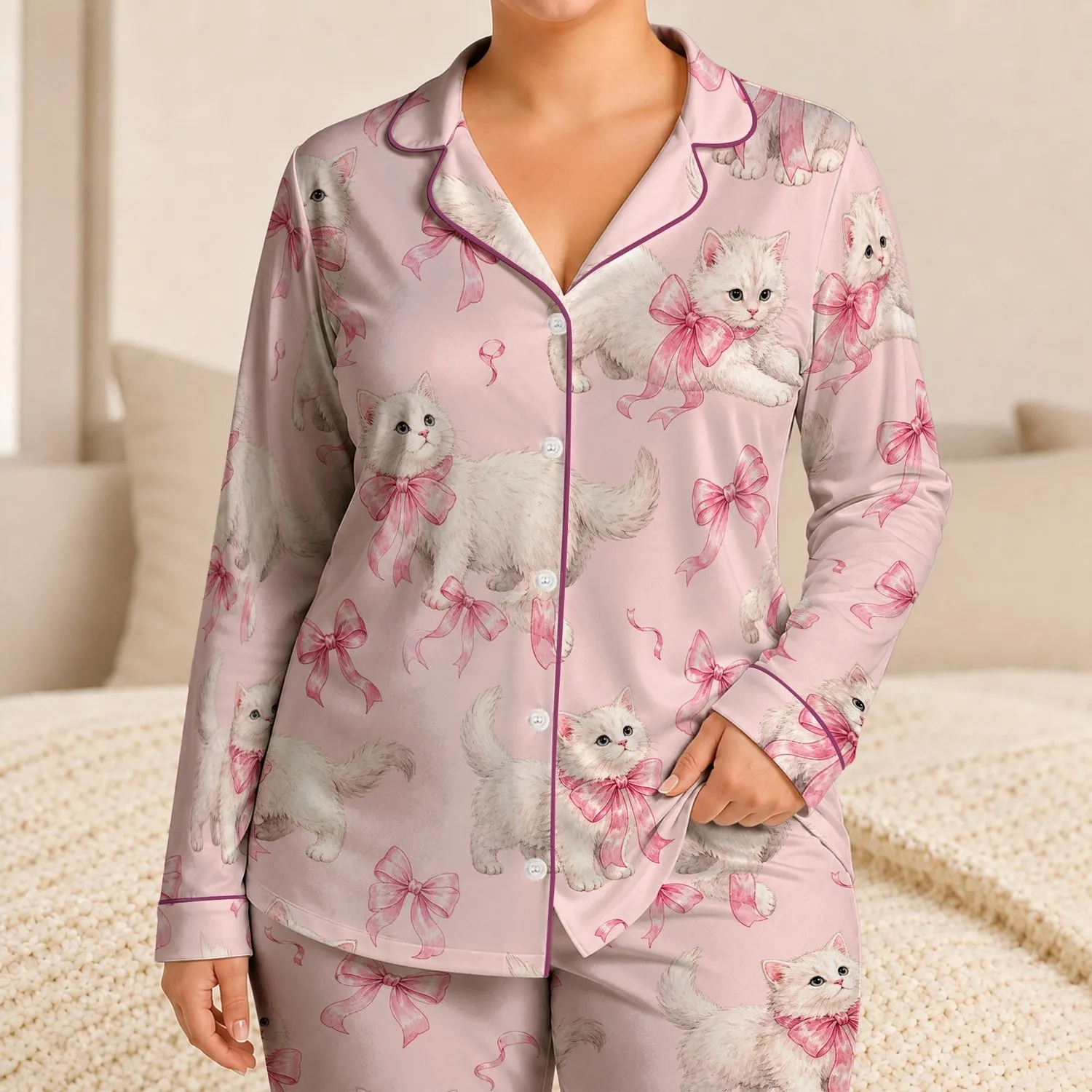 White Kittens And Raspberry Pink Bows For Sweet Cozy Lounge Days And Cat Lover Gifts Satin Pajamas Set - 1