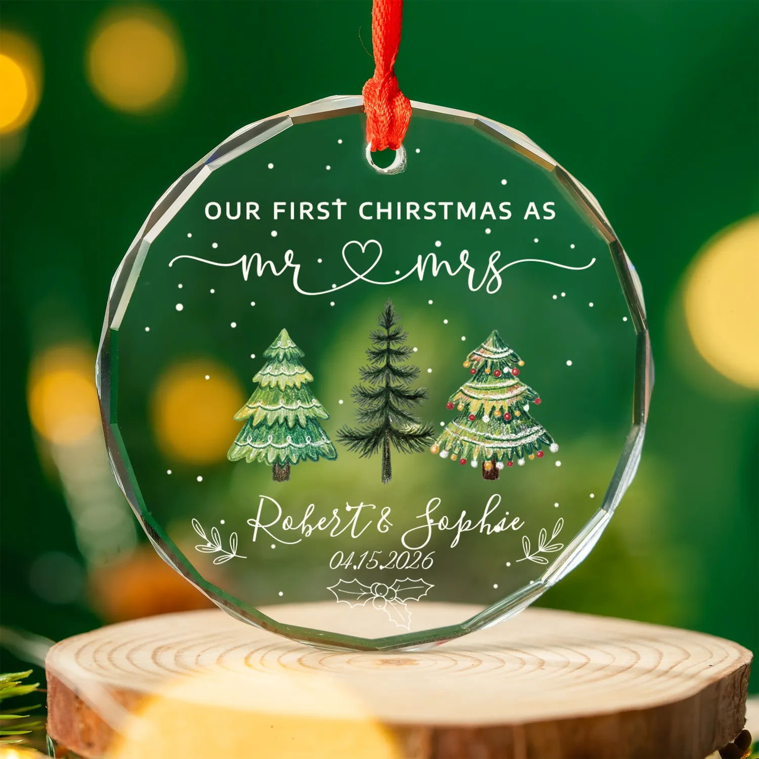 Our First Christmas As Mr & Mrs Personalized Glass Ornament For Newlyweds, Custom Name & Date Wedding Gift Idea - 1