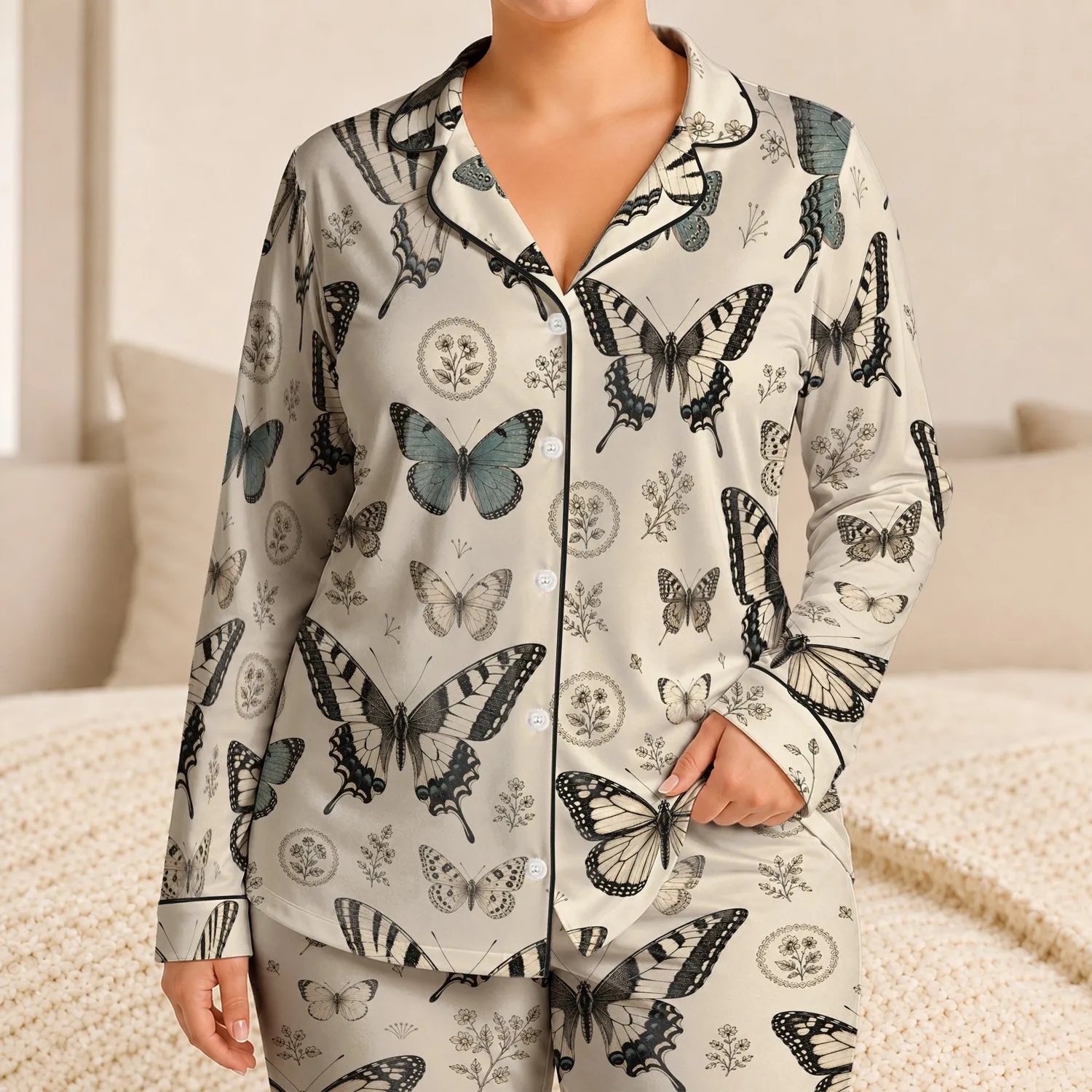 Vintage Butterfly Entomology Motif For Relaxed Lounging And Sleepwear Satin Pajamas Set - 1