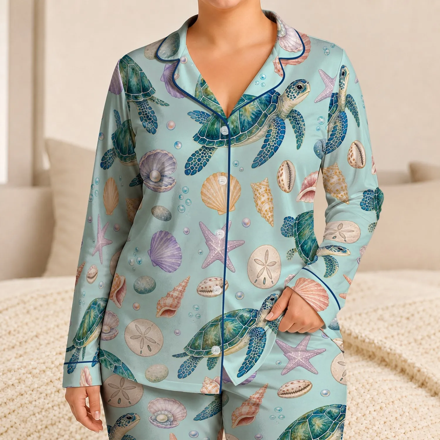 Watercolor Sea Turtles And Shells For Coastal Beach Vacations And Resort Wear Satin Pajamas Set - 1