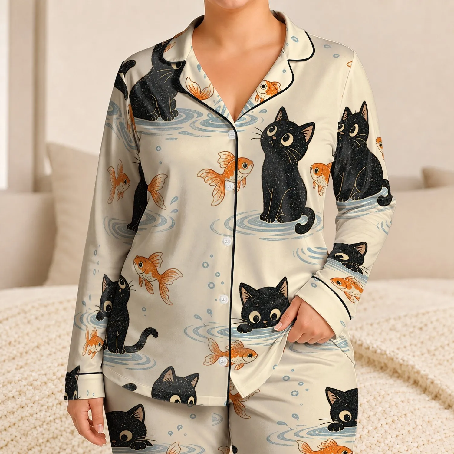 Black Cats and Goldfish for Cat Lovers During Cozy Relaxing Nights at Home Satin Pajamas Set - 1