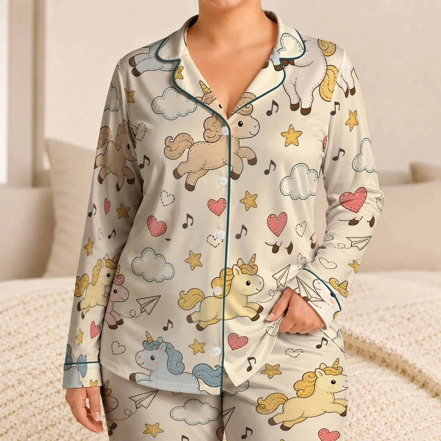 Whimsical Baby Unicorns Paper Airplanes And Clouds For Cozy Bedtime Sleepwear Girls Satin Pajamas Set - 1