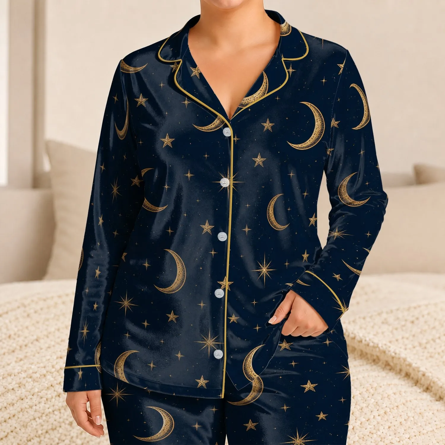 Antique Gold Crescent Moon And Star Celestial Motifs For Cozy Evening Lounging Satin Pajamas Set - 1