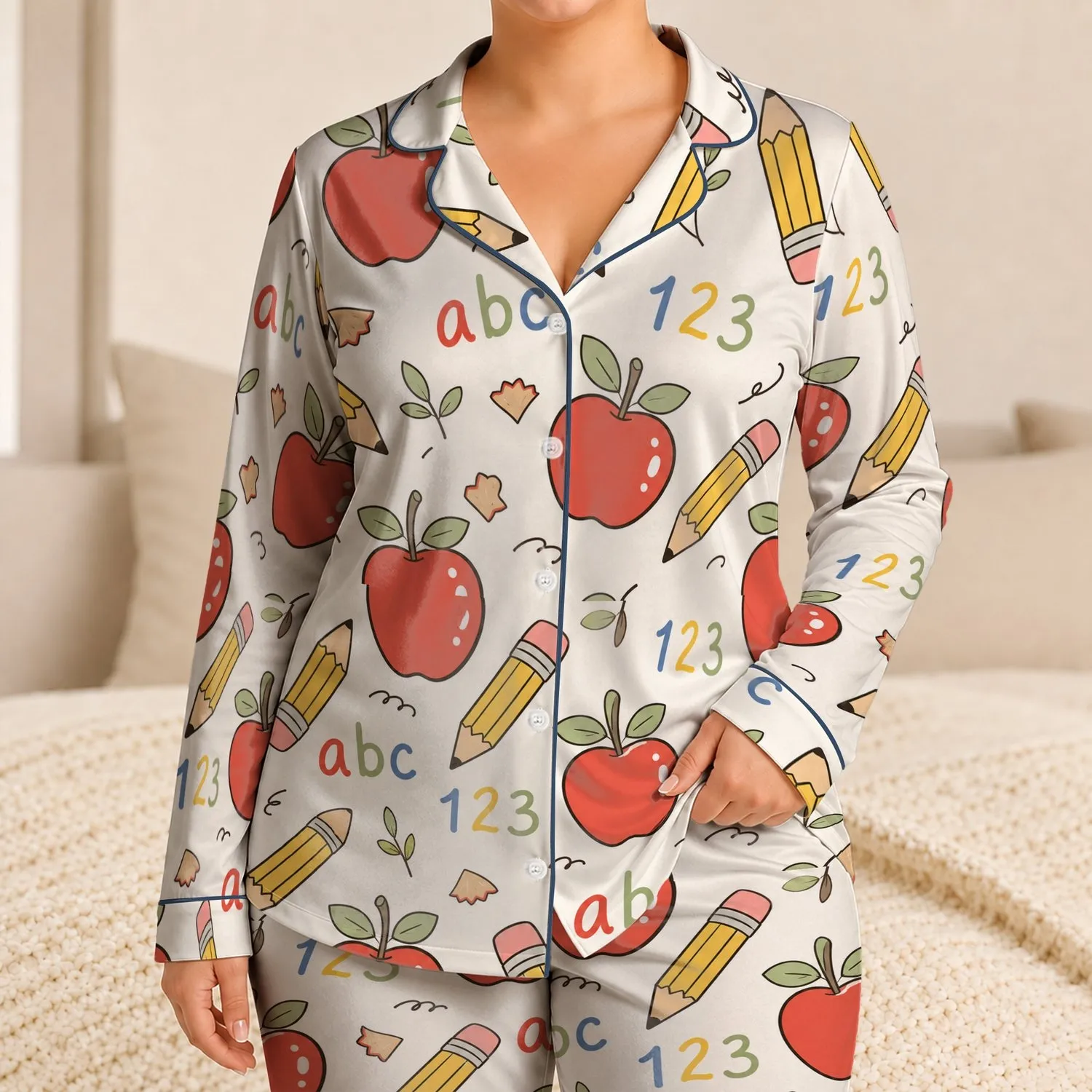 Hand Drawn Apple Pencil ABC 123 Classroom Motifs for Cozy School Nights Teachers Satin Pajamas Set - 1