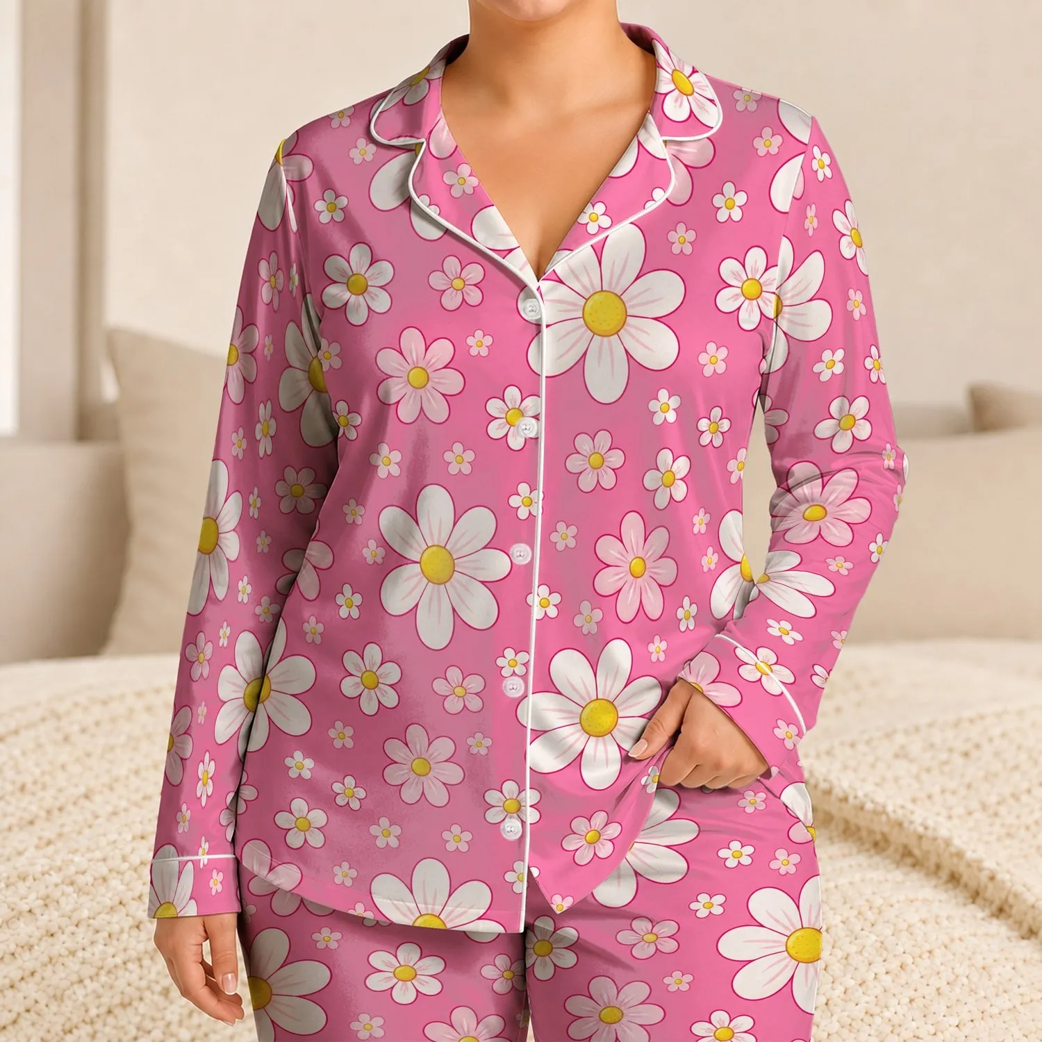 Pink Daisy Flower All Over Floral For Cheerful Summer Lounging And Thoughtful Gift Giving Satin Pajamas Set - 1