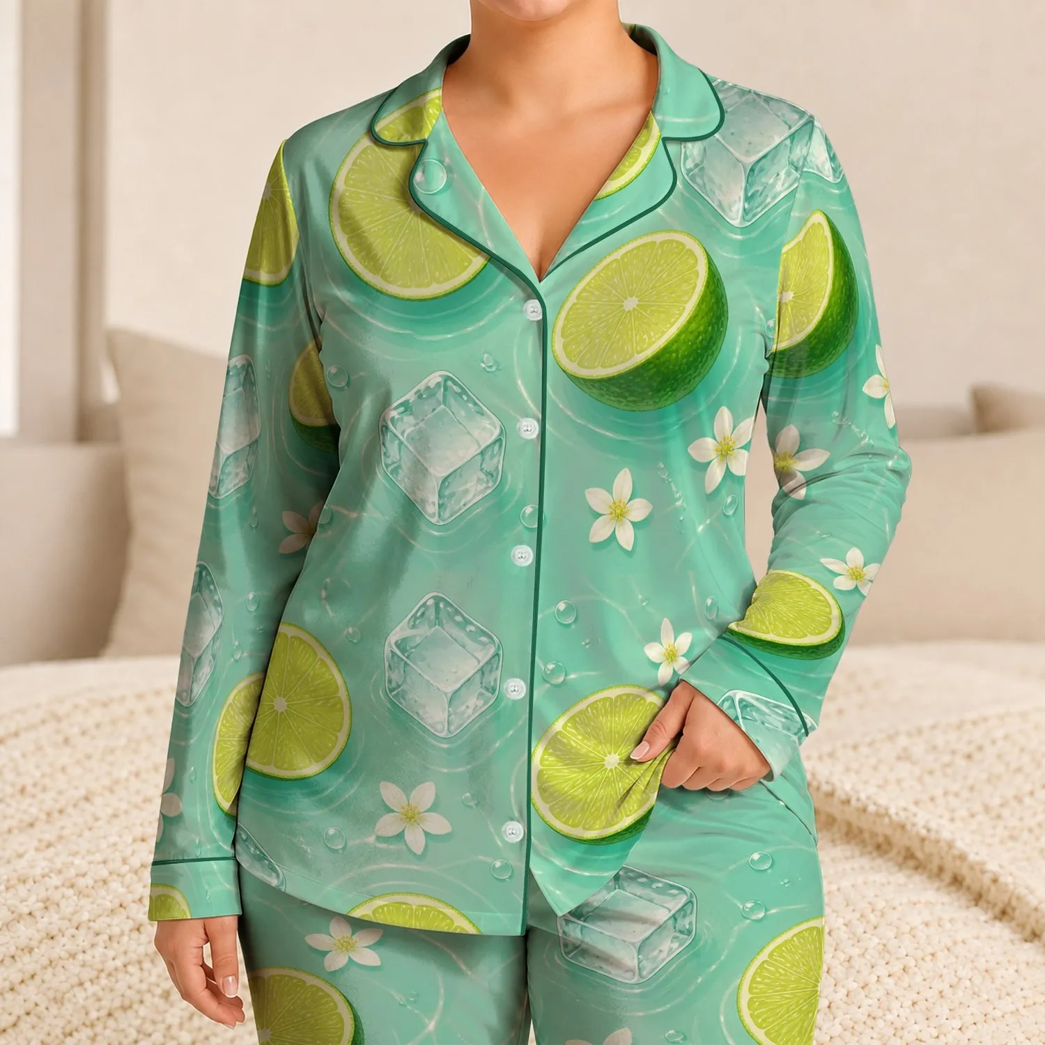 Fresh Lime Halves, Ice Cubes and Citrus Blossoms for Cool Summer Lounging at Home Satin Pajamas Set - 1