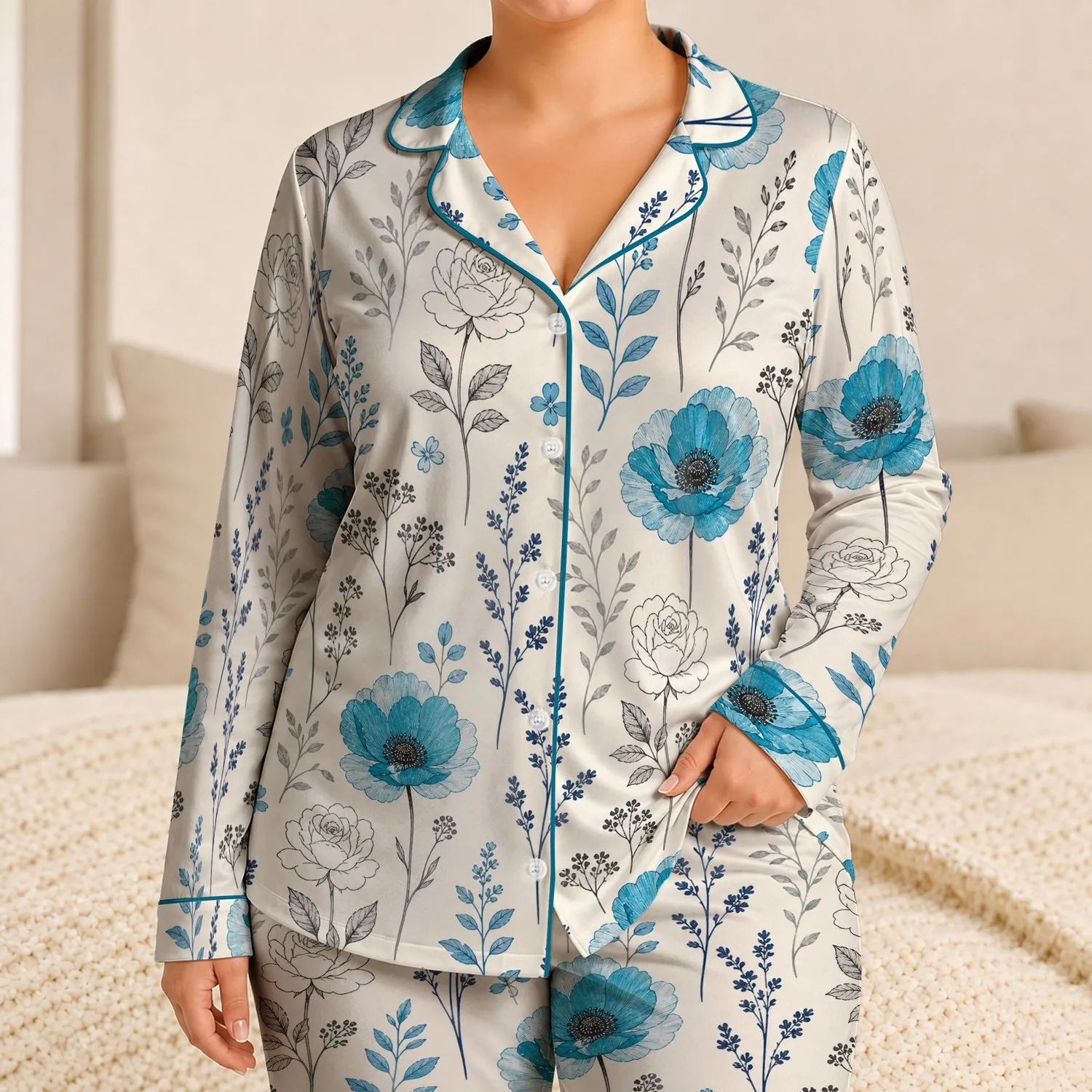 Teal Blue Poppy And Rose Botanical Meadow For Boho Sleepwear And Relaxed Weekend Style Satin Pajamas Set - 1