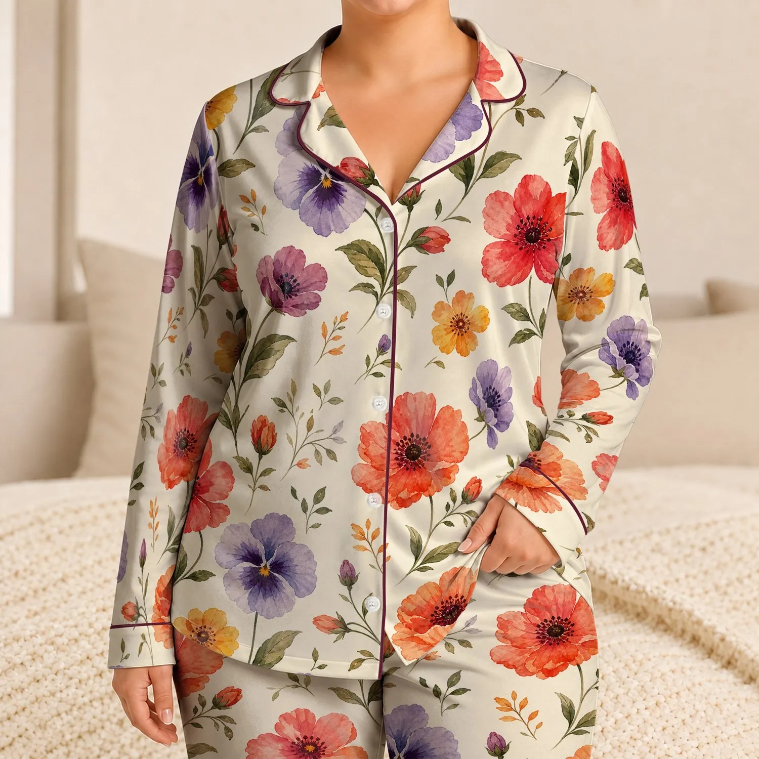 Watercolor Pansy And Poppy Garden Florals For Summer Lounging And Sleepwear Lovers Satin Pajamas Set - 1