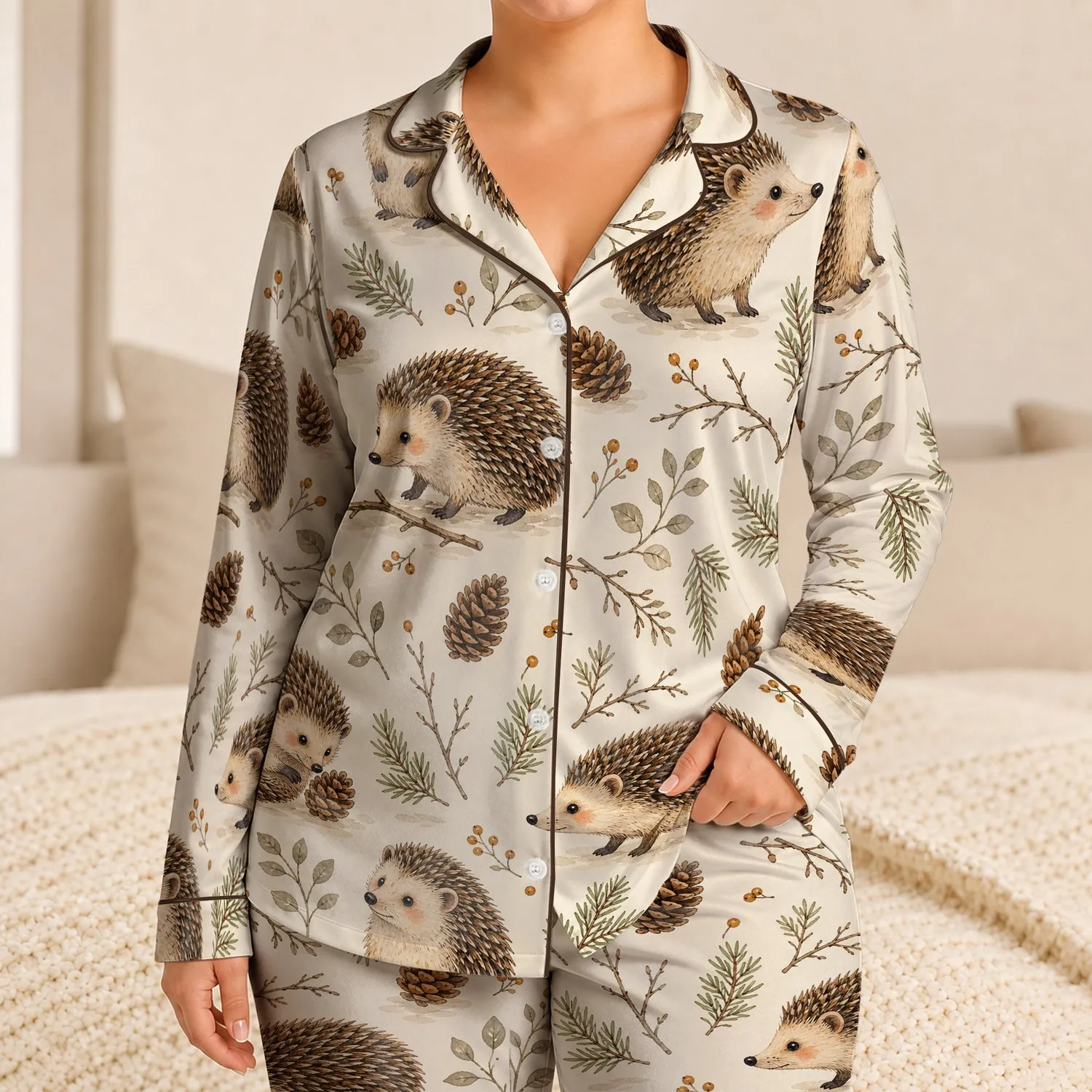 Watercolor Hedgehogs And Pinecones For Cozy Woodland Lounging At Home For Nature Lovers Satin Pajamas Set - 1